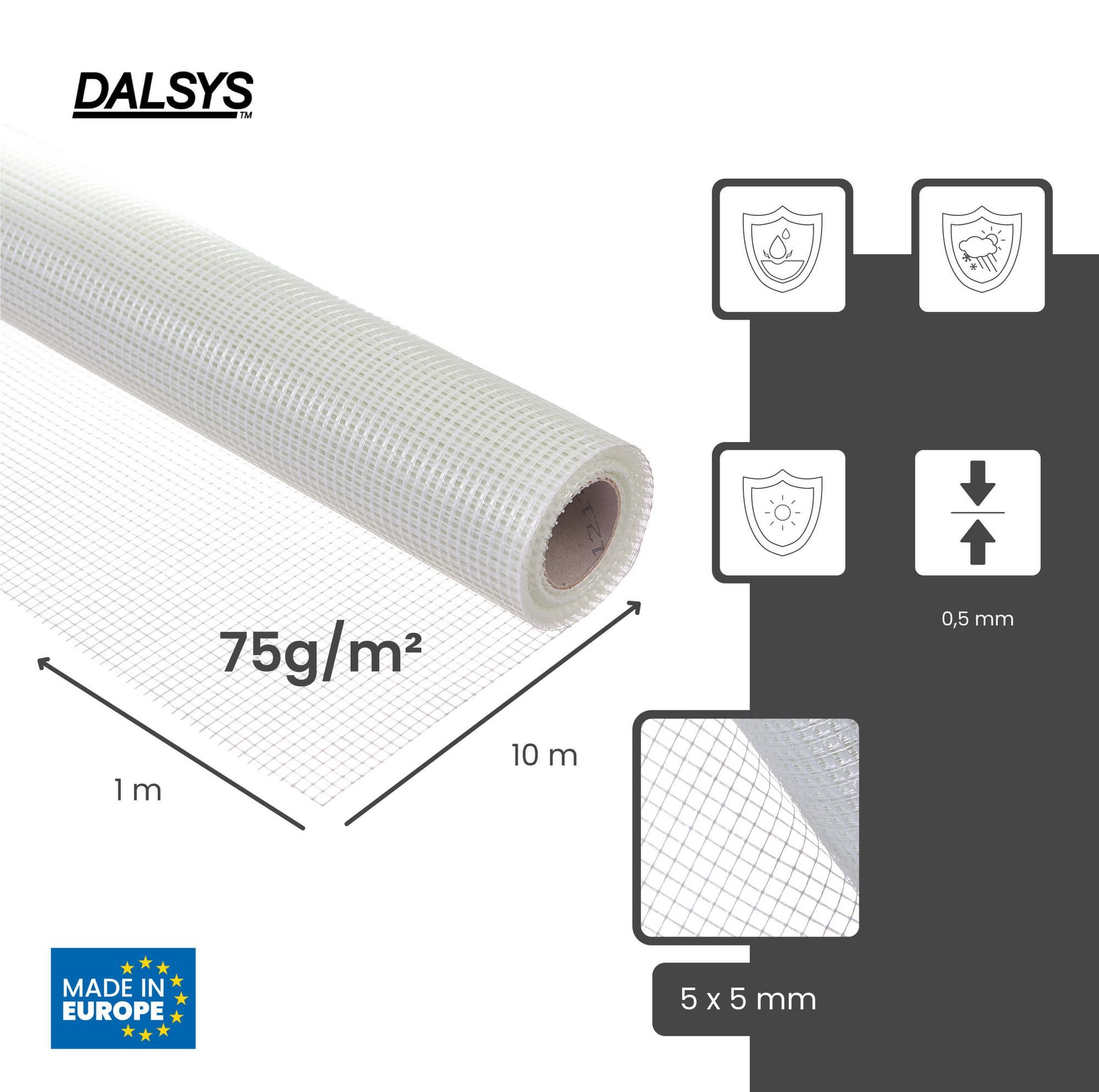 Dalsys Glasfasergewebe Armierungsgewebe Glasfaser, (10 m², 10 x 1 m, 1-St), 75 g/m², 5 x 5 mm, für Innenputz und Dämmung