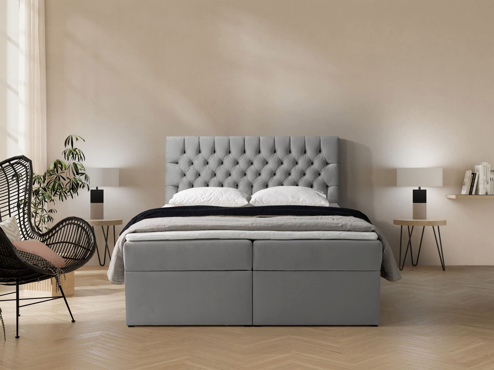 Selsey Boxbett DAISSY, Bett mit Kopfteil Matratze, Topper und Bettkasten, Velours