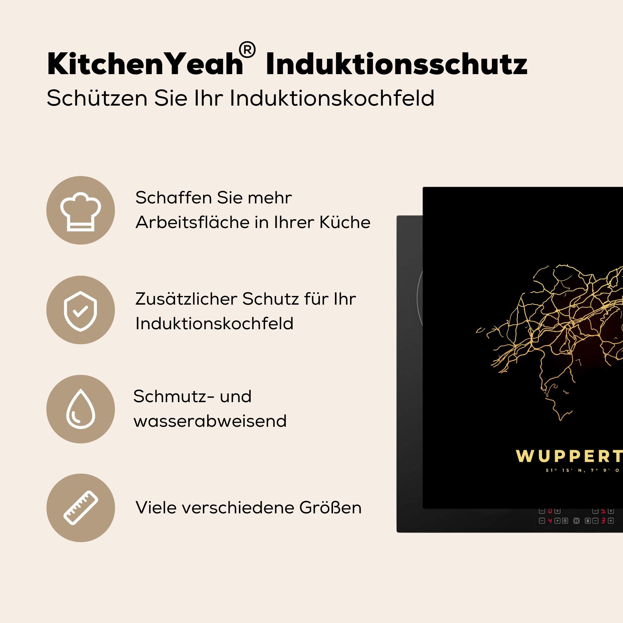 MuchoWow Herdblende-/Abdeckplatte - Vinyl, Arbeitsplatte (1 78x78 Stadtplan, - Gold Karte tlg), Wuppertal cm, Ceranfeldabdeckung, küche für 