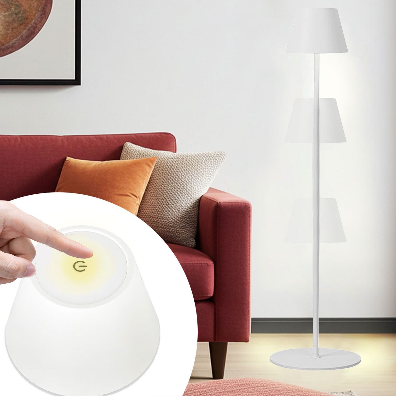 shop'n smile ideoon LED Stehlampe 4W Dimmbare Stehlampe Höhenverstellbar 50/90/130cm Akkubetrieb IP54, LED, (2700K) warmweiß, ca. 10 Std. Akkulaufzeit, 2700K LED-Licht, Lampenkopf Ø14 cm x H10 cm