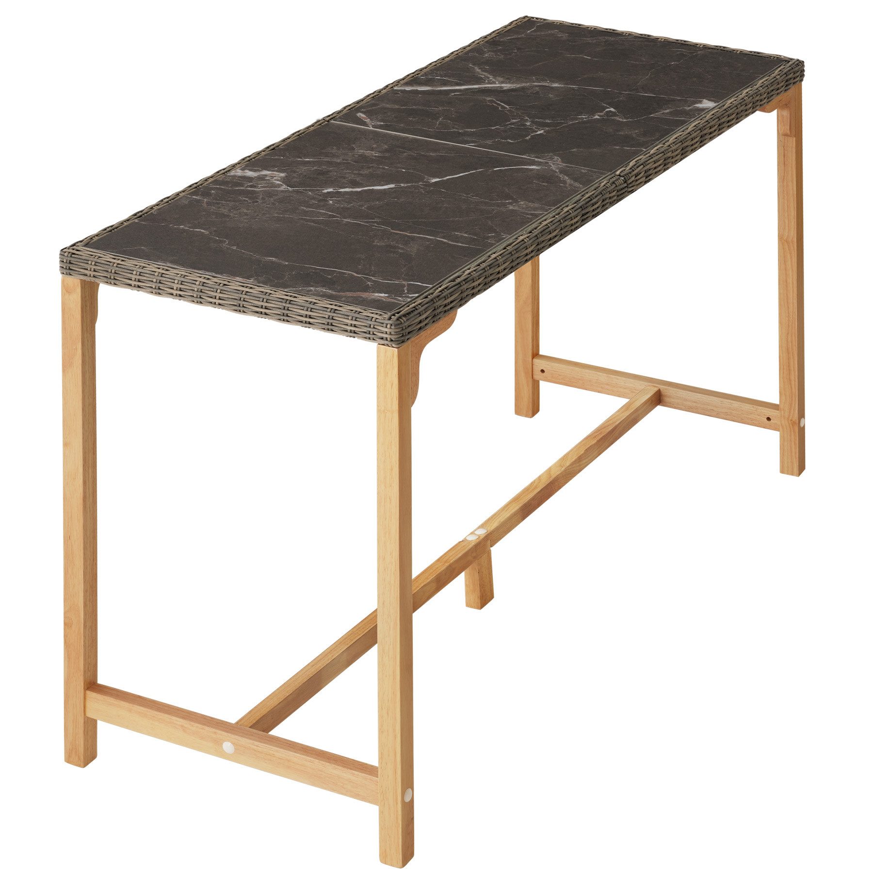 Gartentisch Rattan Bartisch mit Aluminium- und Holzgestell, 161x64,5x99,5cm