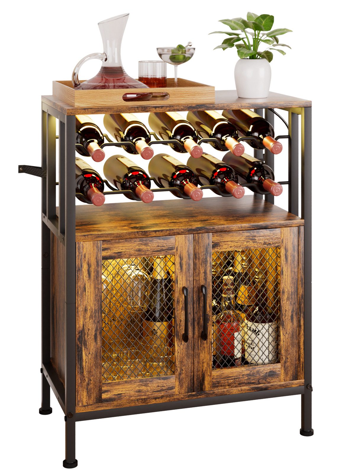 Yorbay Weinschrank Vintage mit LED Beleuchtung, Abnehmbares Weinregal für 10 Flaschen (6 Gläser Halter, Küchenschrank Sideboard 60x24x80cm) Weinständer für Küche & Esszimmer