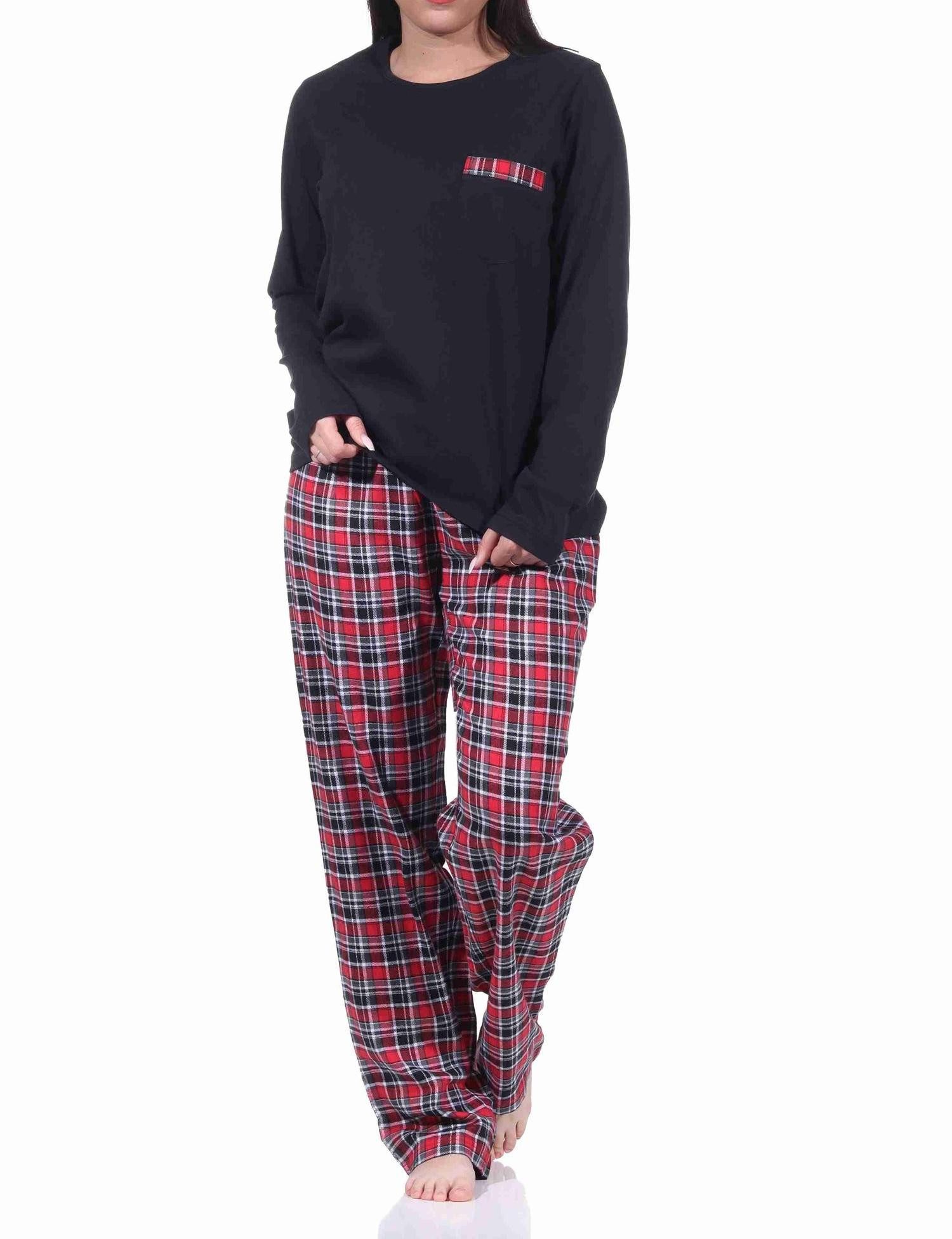Normann Pyjama Damen Flanell Schlafanzug lang mit Flanell Hose und Jersey Oberteil