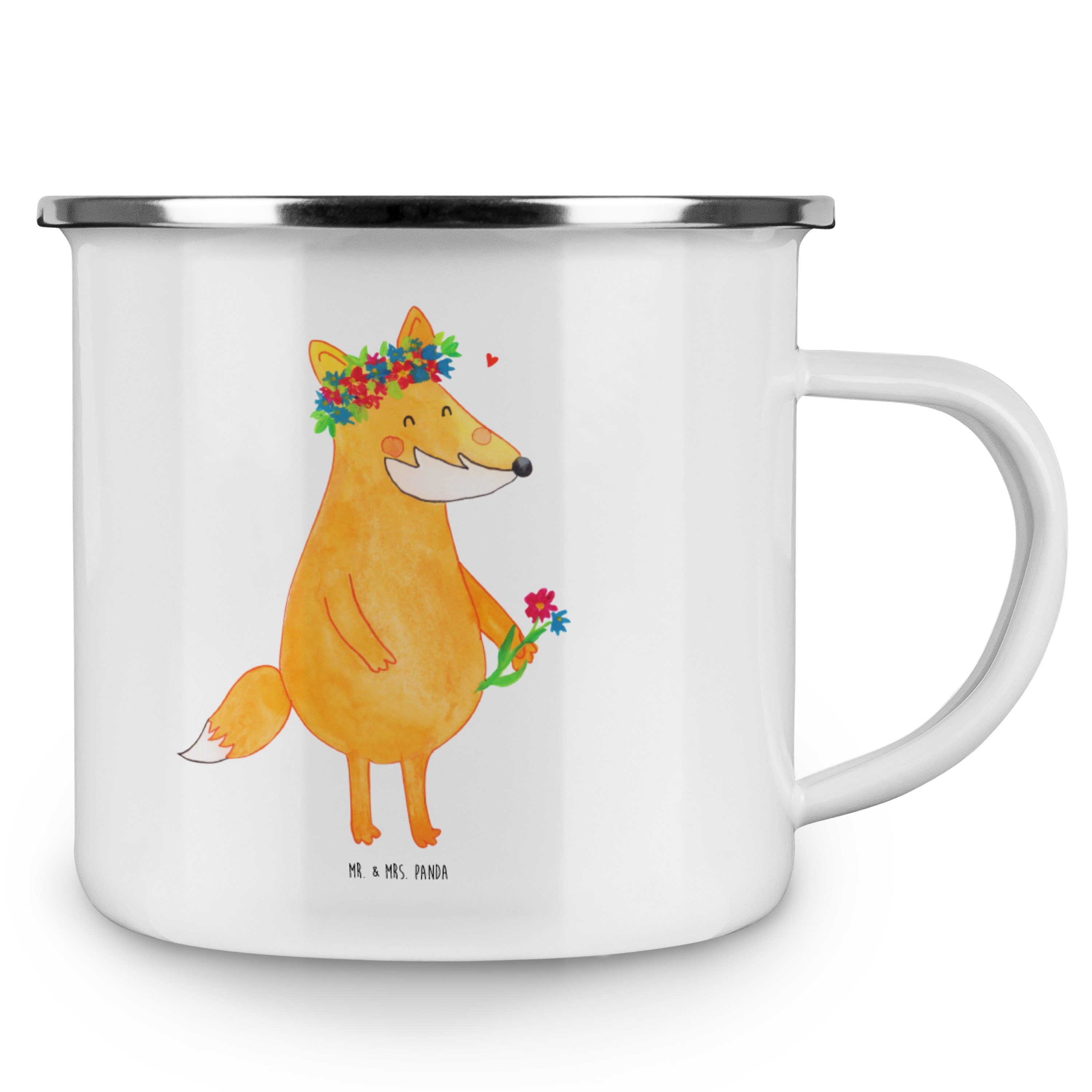 Blechtasse - Panda Fuchs Blumenliebe Mrs. - Emaille Mr. Metalltasse, Becher Weiß Outdoor, & Geschenk,