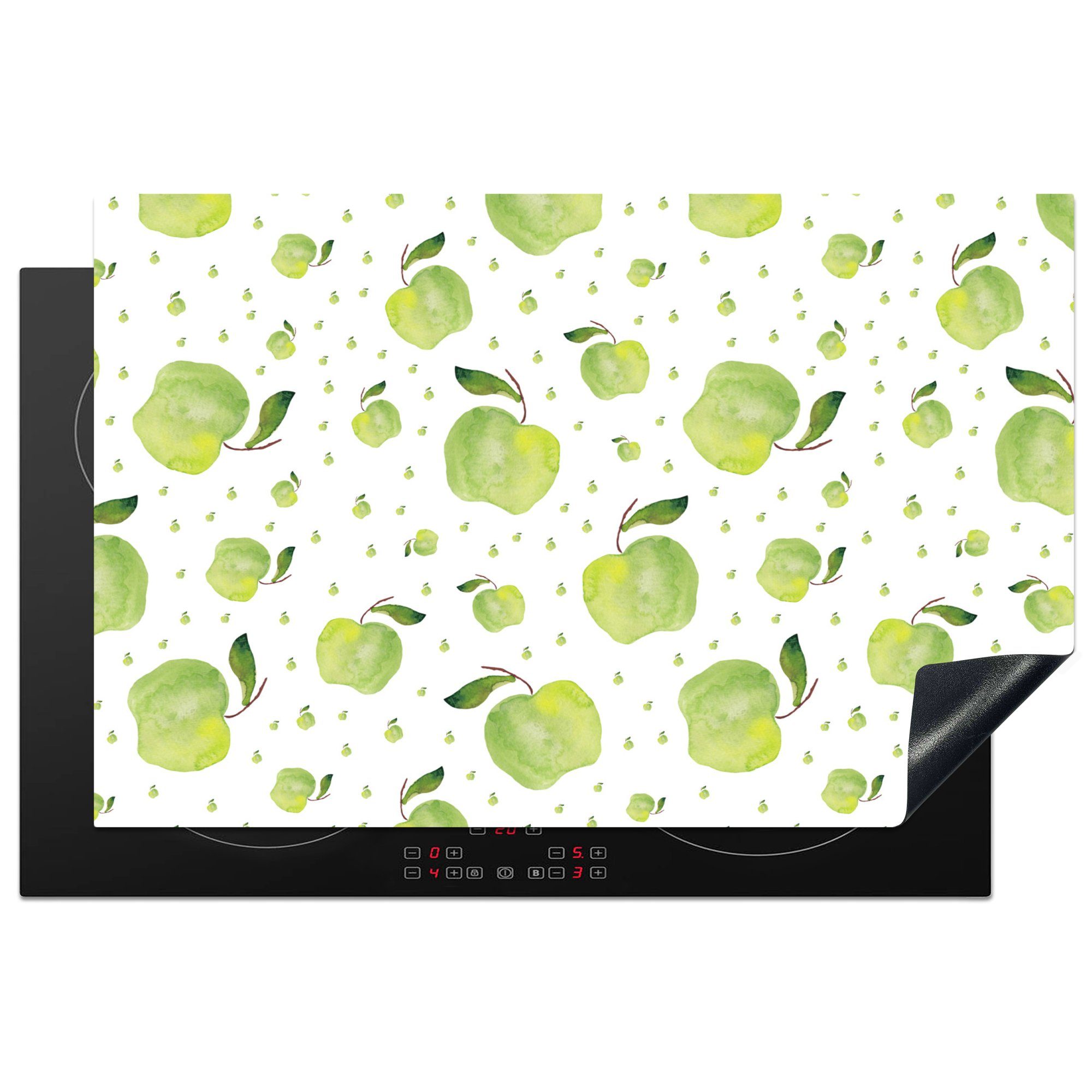 MuchoWow Herdblende-/Abdeckplatte Äpfel - Grün - Muster, Vinyl, (1 tlg), 81x52 cm, Induktionskochfeld Schutz für die küche, Ceranfeldabdeckung