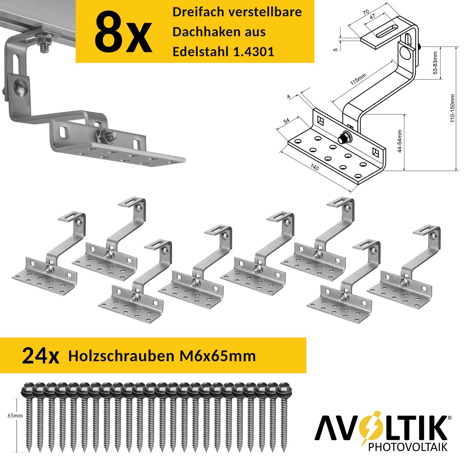 avoltik Solarmodul-Halterung Solar-Halterung Ziegeldach Montageset Dach Befestigung f 2 Solarmodule, (Avoltik Solarhalterung Ziegeldach Montageset Dach Befestigung für 2 Solarmodule mit schwarzen oder silbernen Klemmen, Solar-Halterung Ziegeldach Montageset Dach Befestigung f 2 Solarmodule, Solar-Halterung Ziegeldach Montageset Dach Befestigung f 2 Solarmodule)