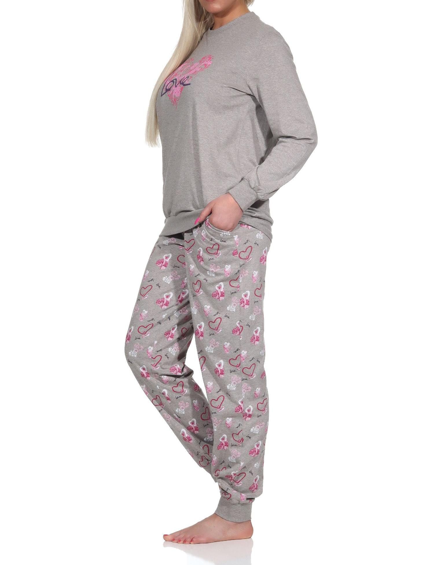 Normann Pyjama Damen Schlafanzug mit Bündchen in Herz Motiv Optik-auch in Übergrößen