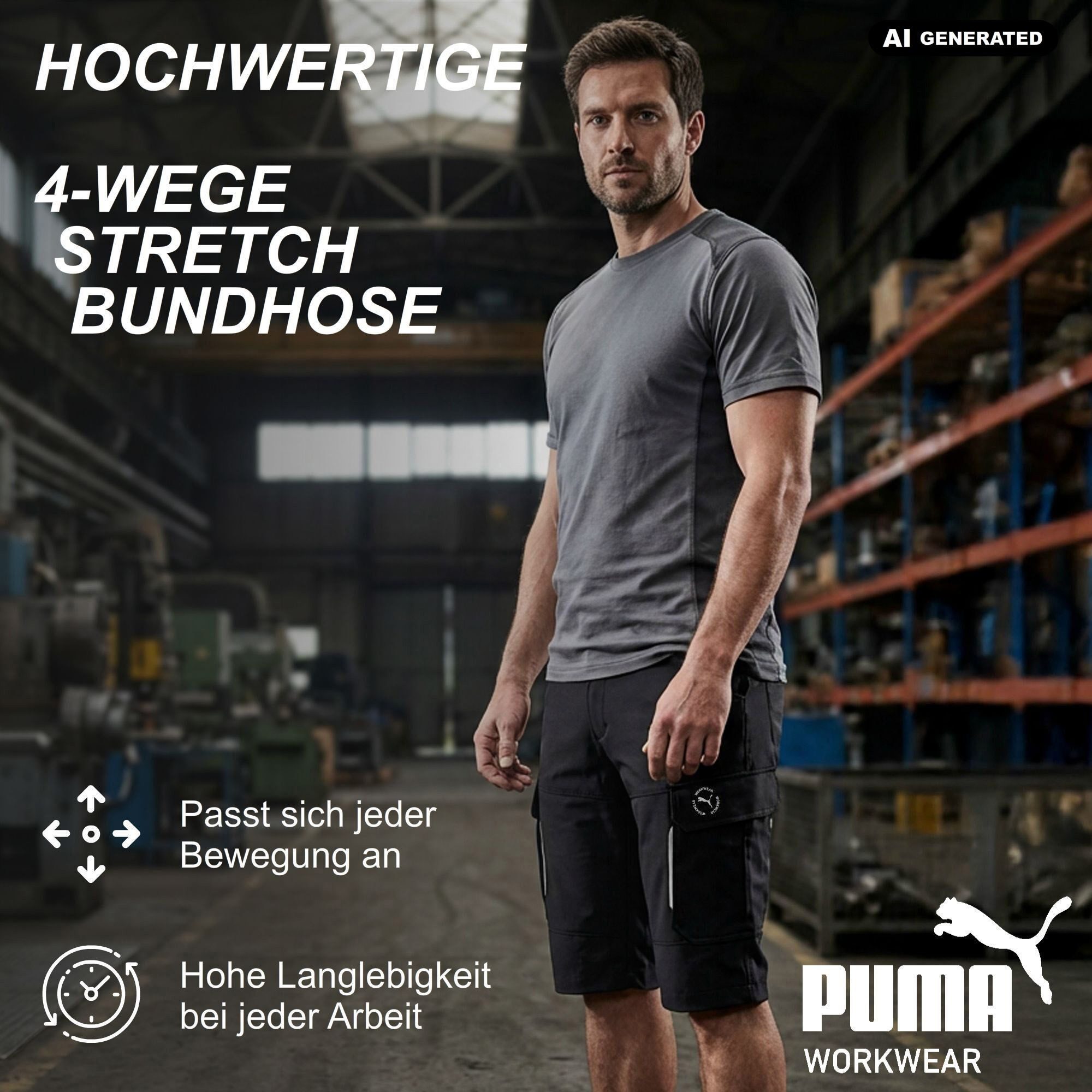 PUMA Workwear Arbeitsshorts Kurze Arbeitshose Herren - Mit 4-Wege Stretch - Erhöhtes Rückenteil Robust mit verstärkten Taschen durch 100% Nylon - Gummizug im Bund