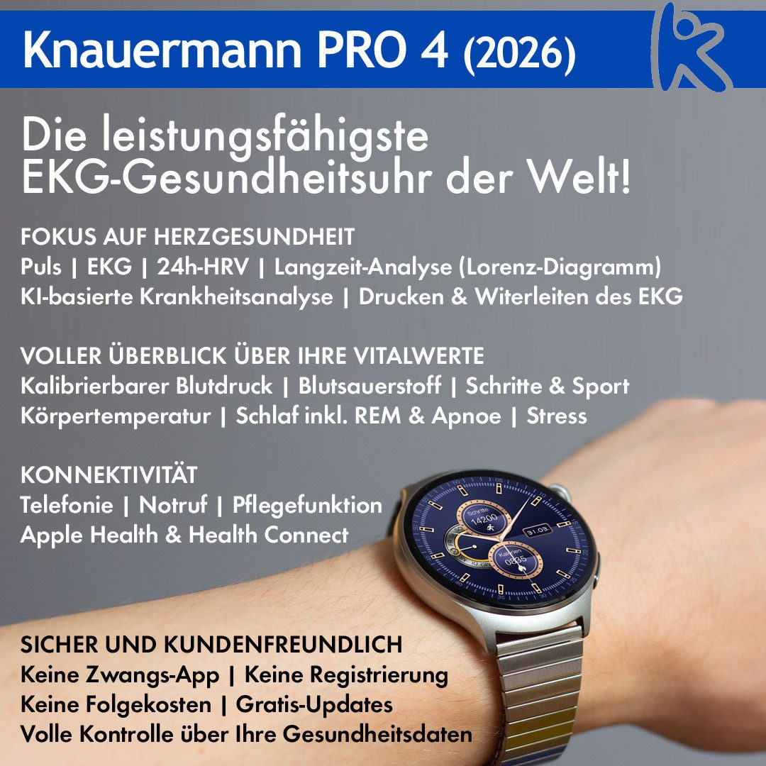Knauermann PRO 4 (2026) Smartwatch (3,96 cm) Uhr mit Ladegerät, mit magnetischem Ladegerät und Anleitung, 9,9 mm schlankes Gehäuse bei 52 % mehr Akkukapazität