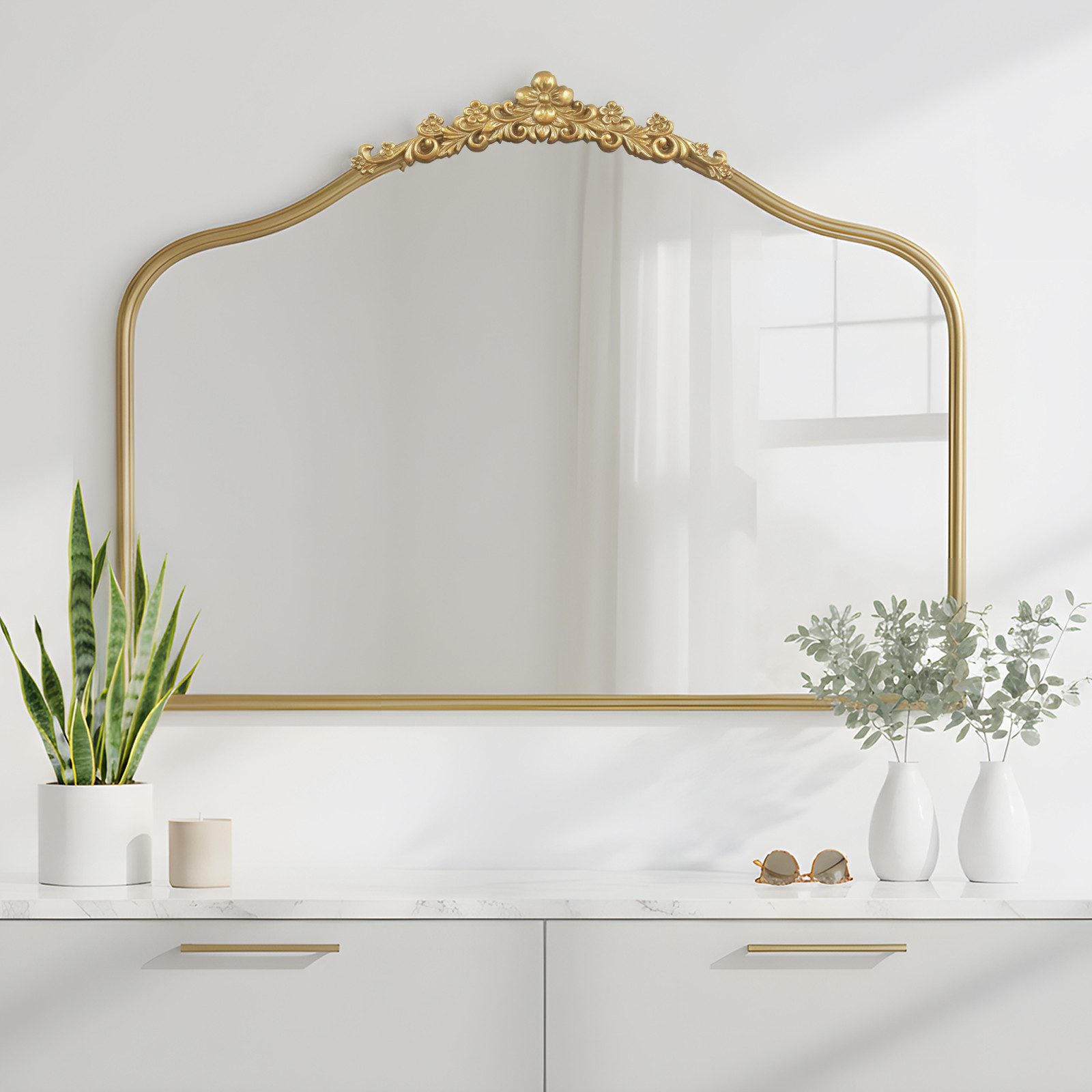 G-LEAF Spiegel Bogen-Wandspiegel im Barockstil, Metallrahmen mit Perlenverzierung (1-St), robusten Eisenrahmen und Harzornamenten, 80×60cm, Vintage-Gold