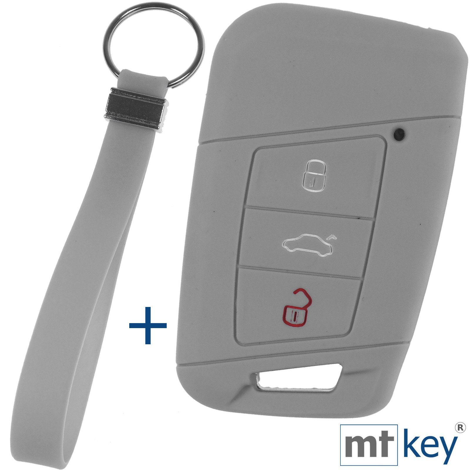 mt-key Schlüsseltasche Autoschlüssel Softcase Silikon Schutzhülle Grau mit Schlüsselband, für VW Passat B8 Arteon Skoda Kodiaq 3 Tasten KEYLESS SMARTKEY