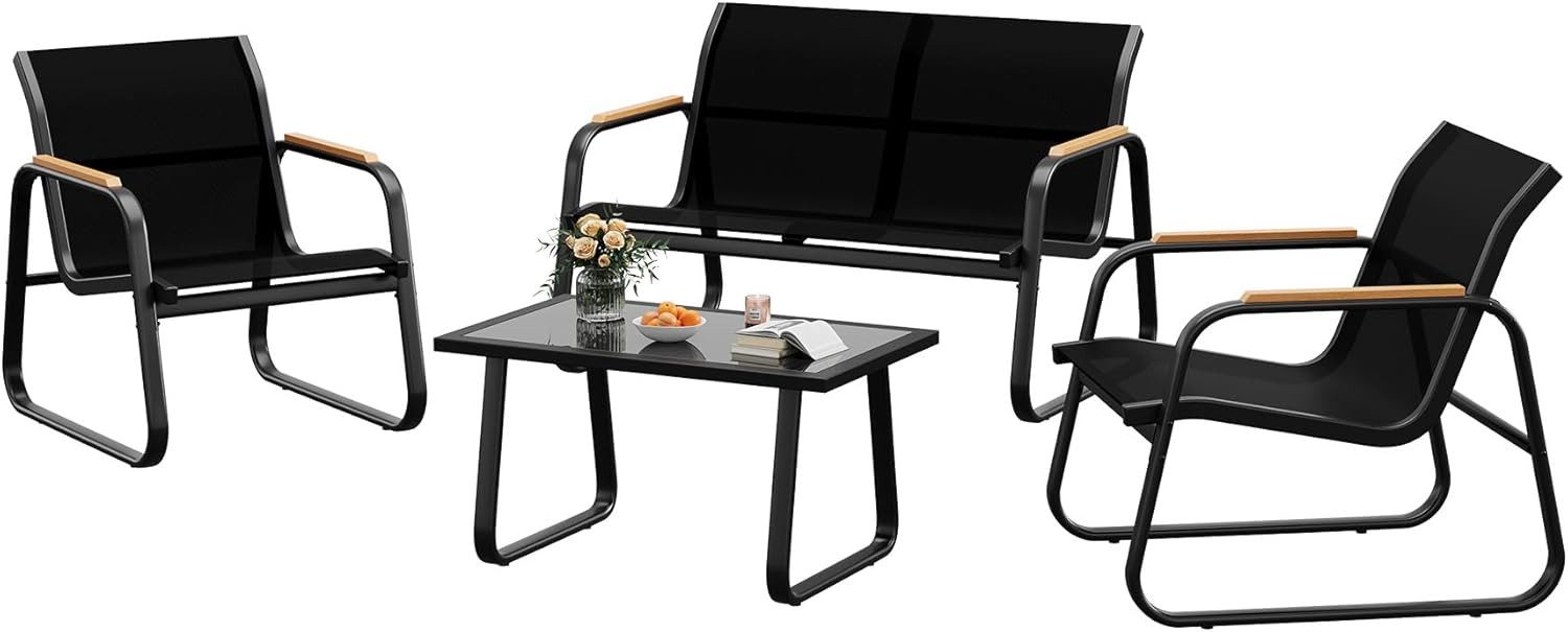 GarveeMore Gartenlounge-Set 4-TLG,Textilene Balkonmöbel Set mit Tisch, Sofa und 2 Stühlen, Stahl, Sitzgruppefür Garten, Balkon, Außen