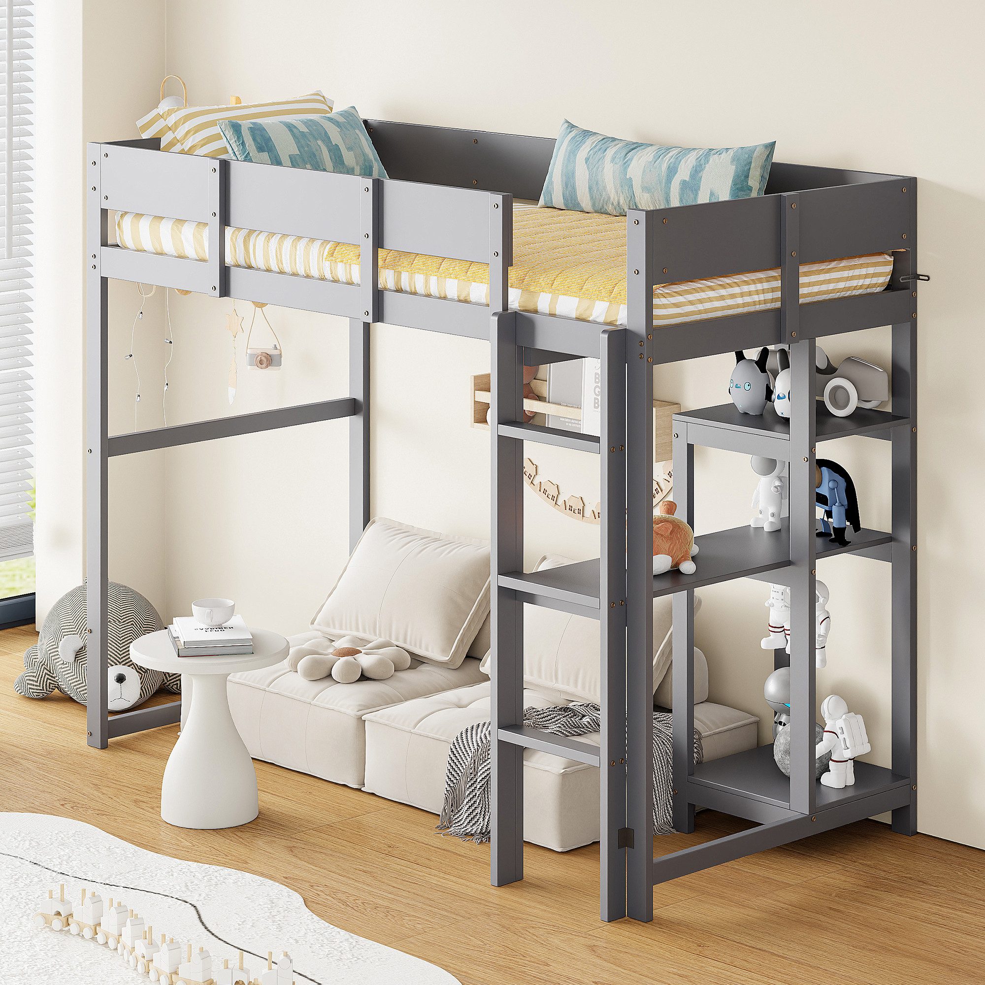 Flieks Hochbett Massivholz Kinderbett 90x200cm mit Tisch und Stauraumregale