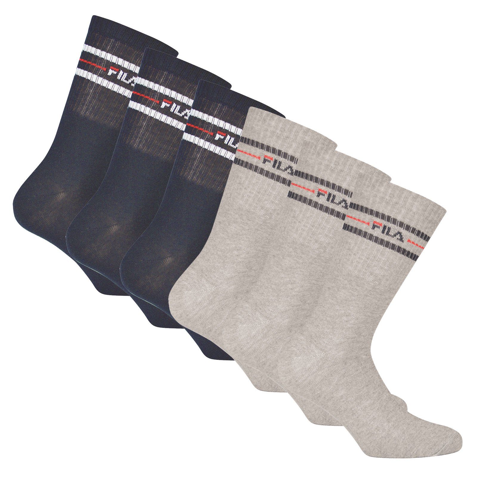 Fila Sportsocken Unisex Socken, 6er Pack - Crew Socks, Strümpfe Blau/Grau | Sportsocken