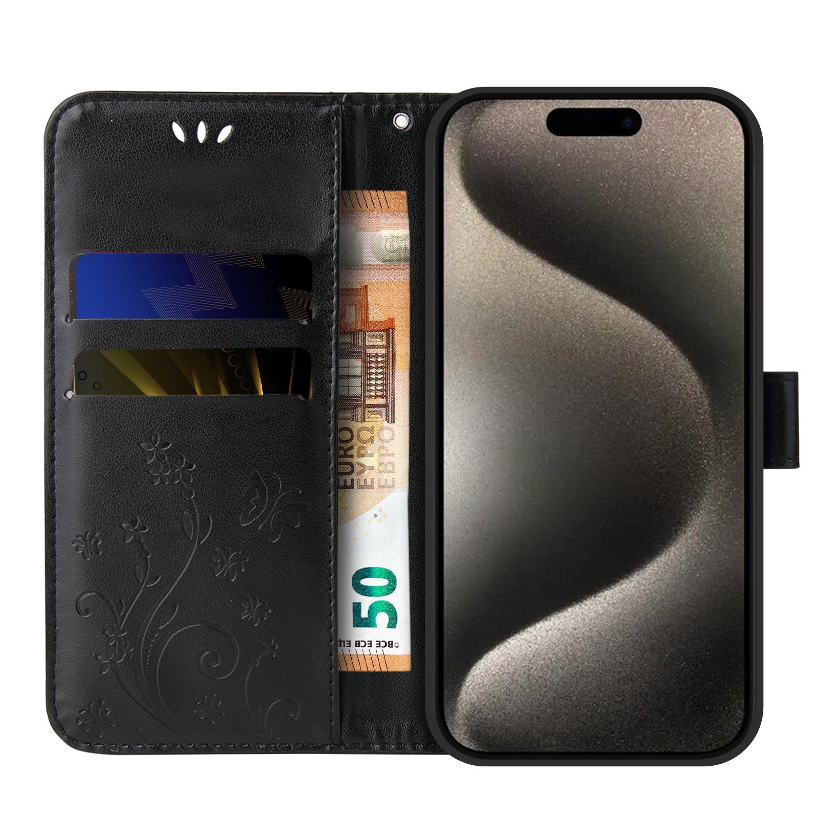 Tec-Expert Handyhülle Cover Tasche Hülle für Apple iPhone 15 Pro 6,1 Zoll, Klapphülle Case mit Kartenfach Fliphülle aufstellbar, Motiv Blumen