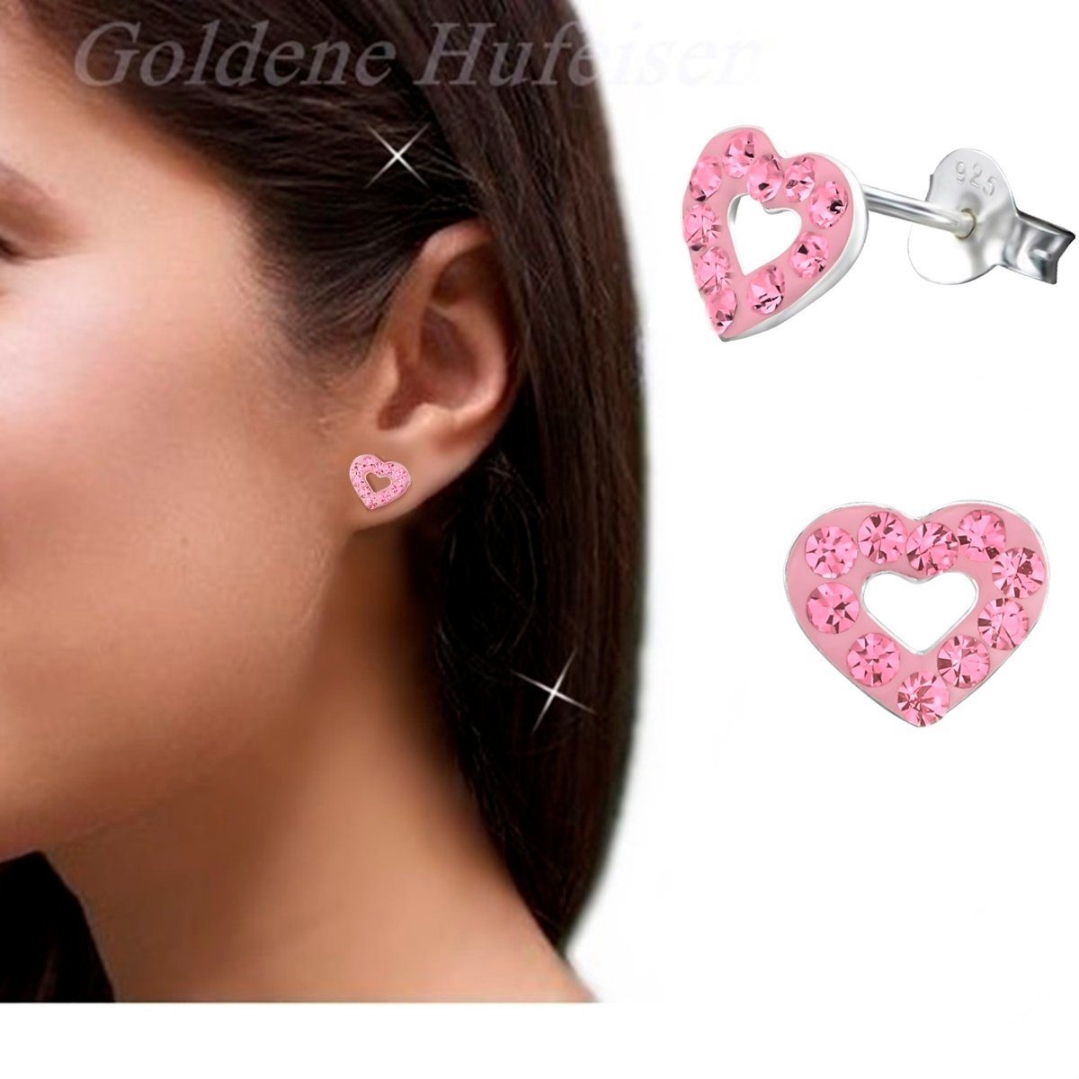 Goldene Hufeisen Paar Ohrstecker Süße Herzohrringe für Kinder Rosa Kristallzauber für kleine Mädchen (inkl. Etui), 925 Sterling Silber (hypoallergen)
