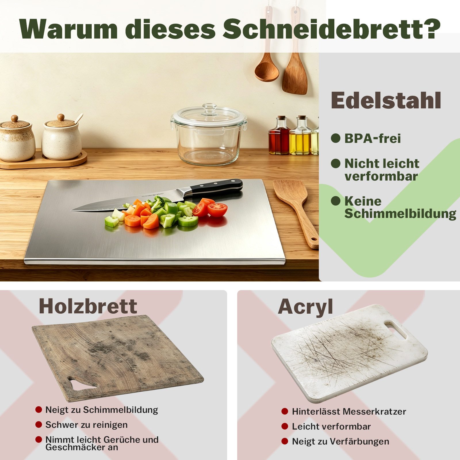 PRIISF Schneidebrett Edelstahl Schneidbrett 50x40 cm Küche Schneidebrett mit Anschlagkante, Edelstahl, (rutschfest Schneidbrettchen Generic Arbeitsplatte Knetbr – Bild 4 von 5