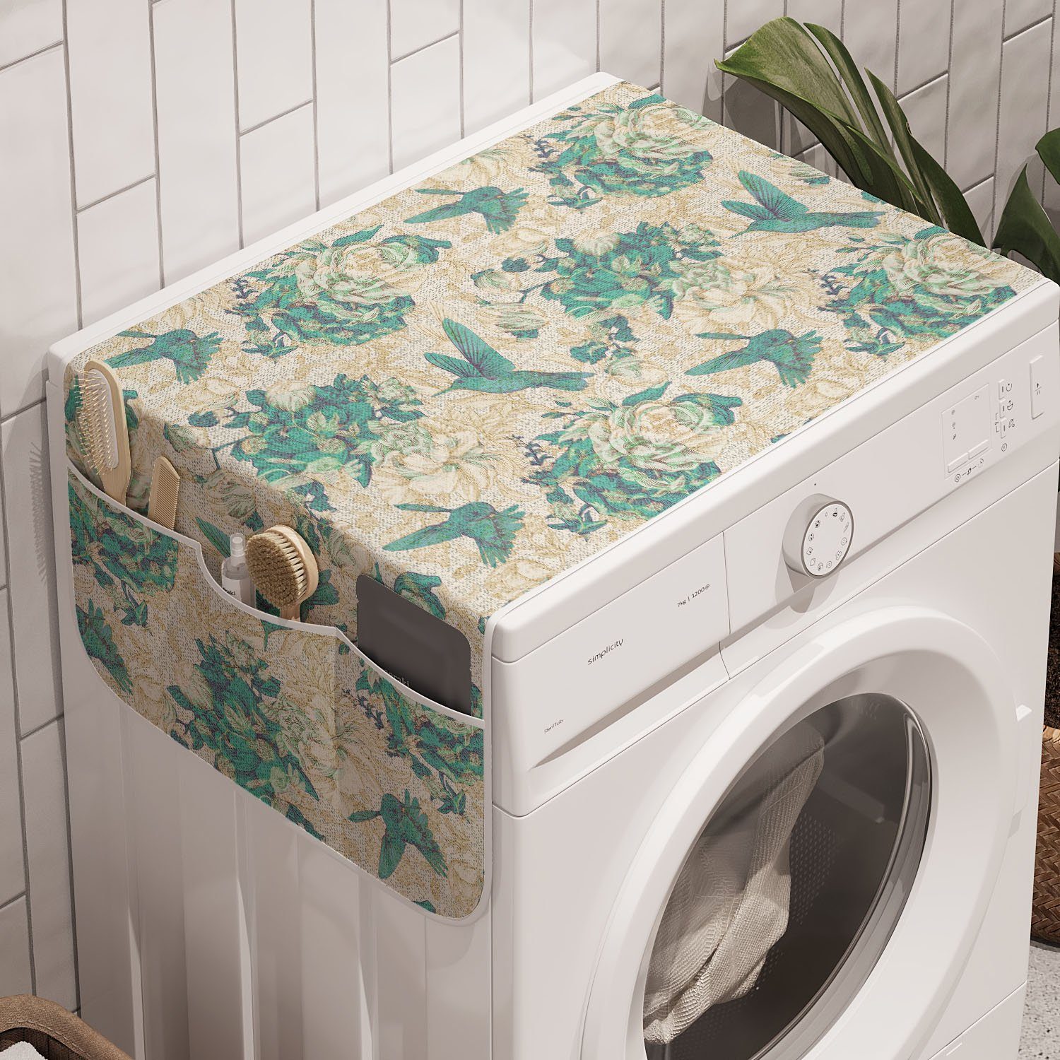 Abakuhaus Badorganizer Anti-Rutsch-Stoffabdeckung für Waschmaschine und Trockner, Vintage Rose Grunge Vogel und Blätter