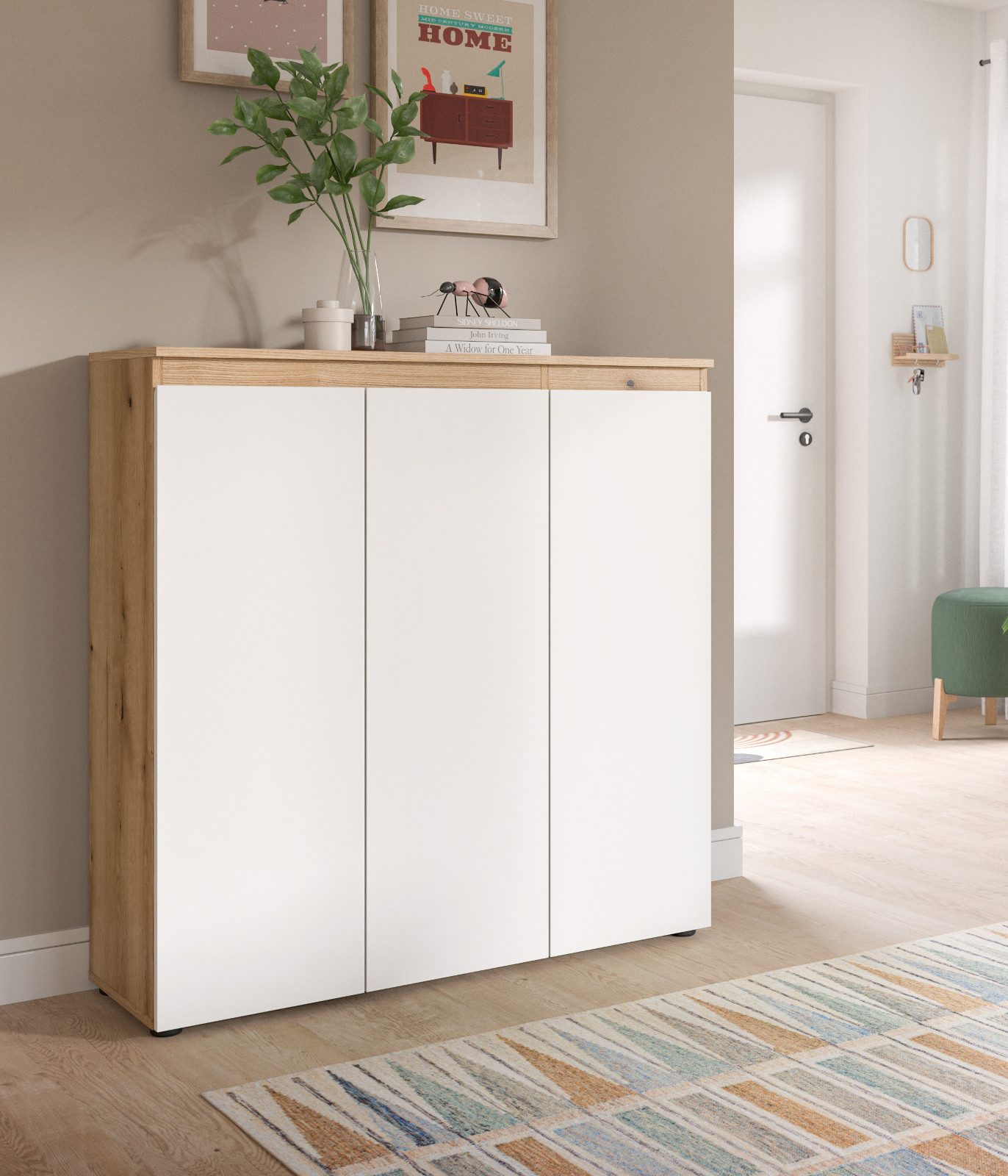Inn.Furn Kombikommode Assino (Hohe Mehrzweck Kommode in Eiche mit Weiß, 3-türig, 105 x 111 cm), variabel einrichtbar, bis zu 10 Fächer
