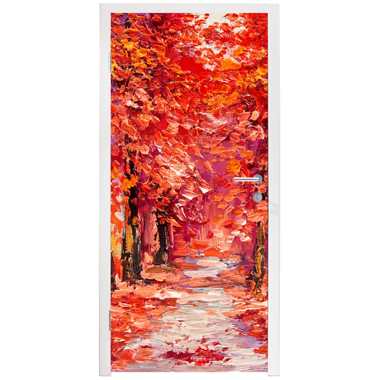 MuchoWow (1 Gemälde St), Herbst für - Ölgemälde, cm Matt, bedruckt, Tür, Bäume - - Türtapete Fototapete 75x205 Türaufkleber,
