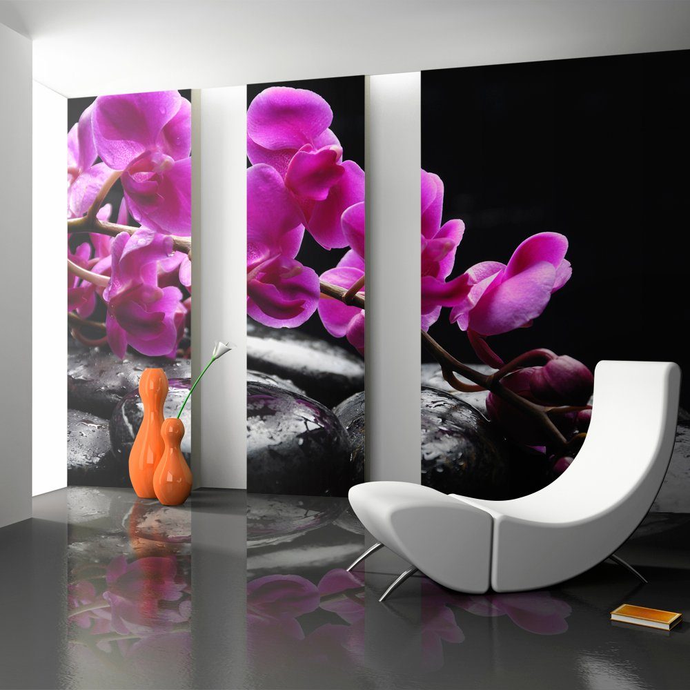KUNSTLOFT Vliestapete Pure Harmonie: Orchidee und Zen - Steine 2x1.54 m, halb-matt, lichtbeständige Design Tapete