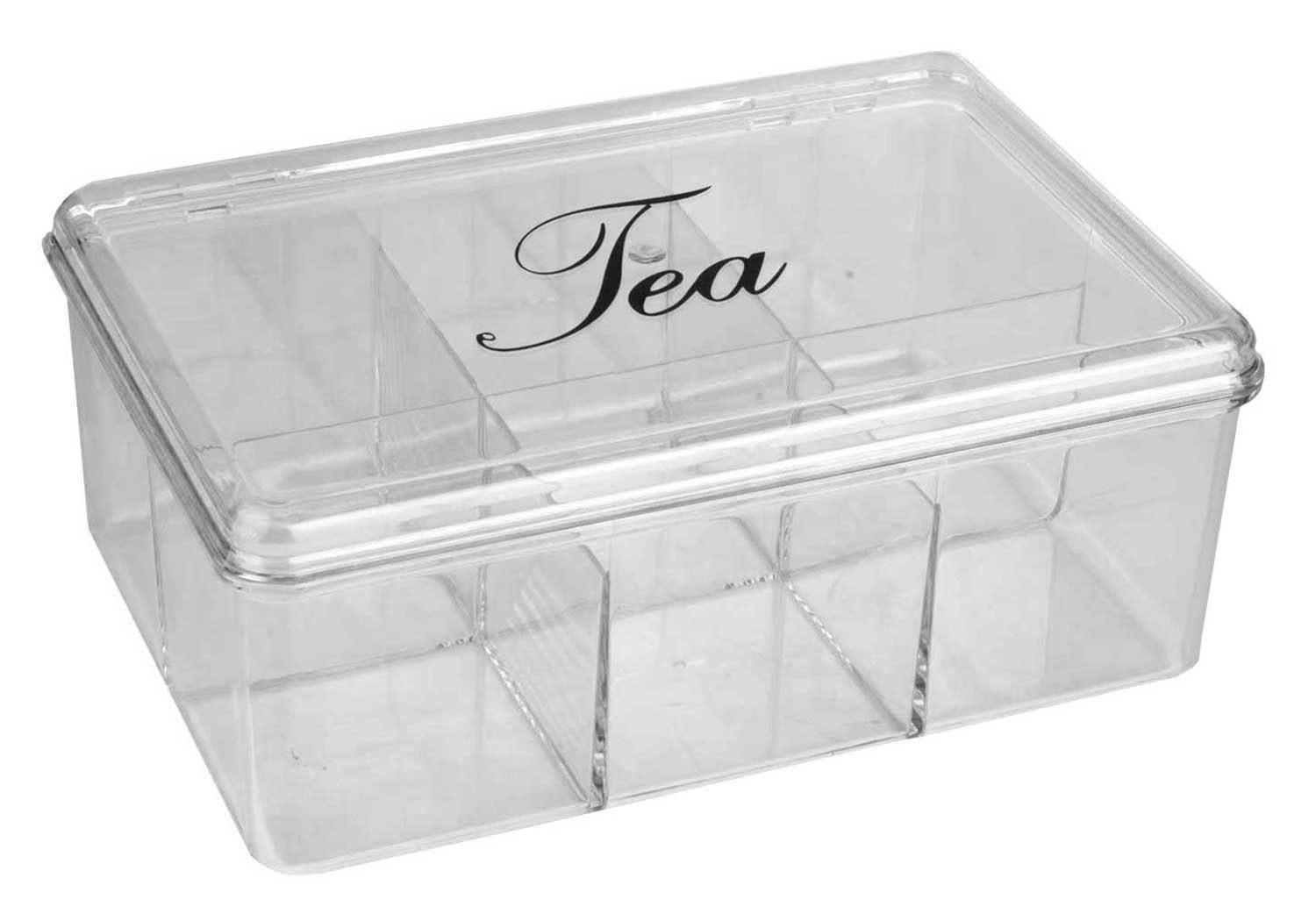 Teebox FIVE, 6 getrennte Fächer, mit Deckel, Transparent, Kunststoff, Schriftzug