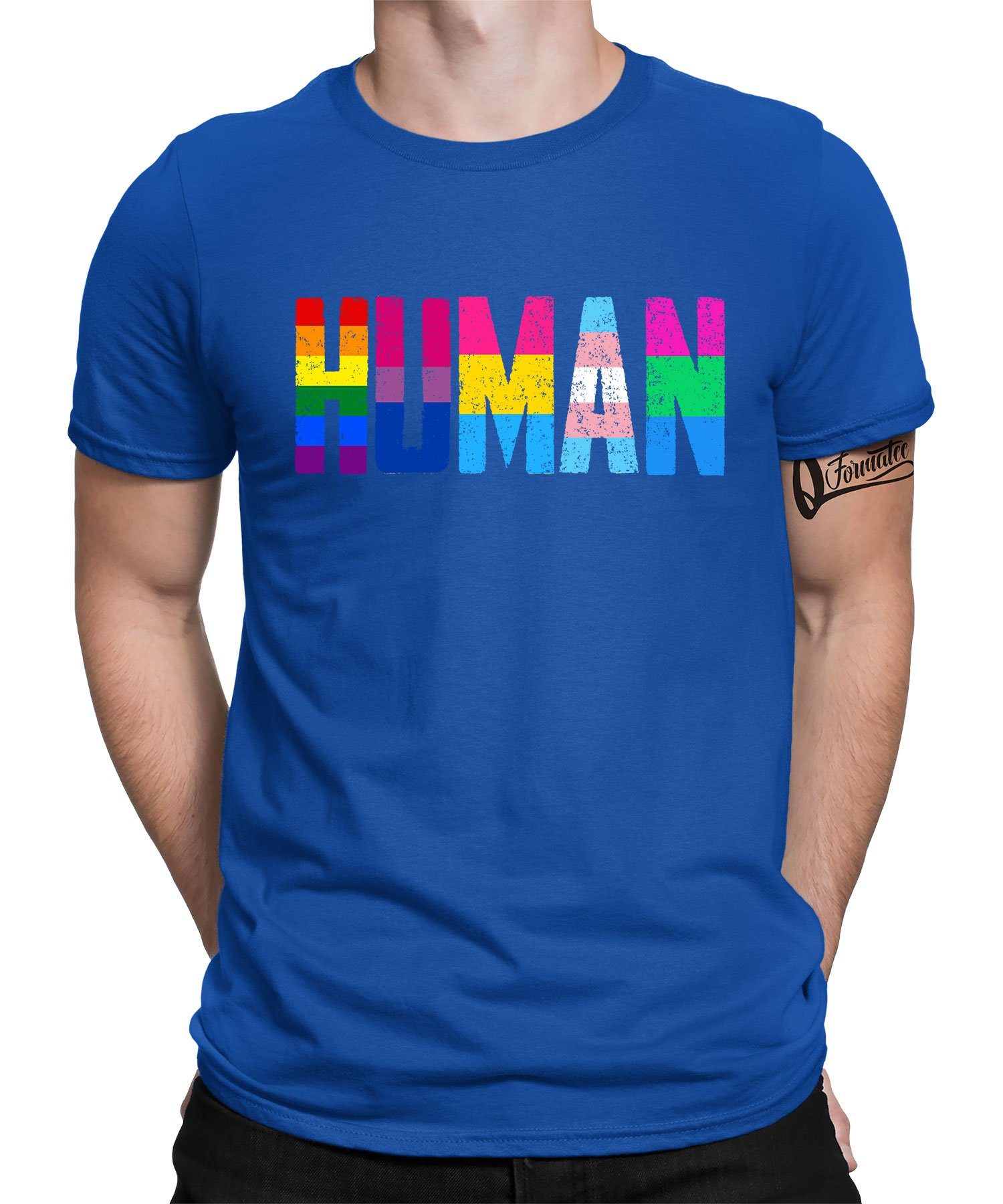 Quattro Formatee Kurzarmshirt Human - Stolz Regenbogen LGBT Gay Pride Herren T-Shirt (1-tlg) Blau