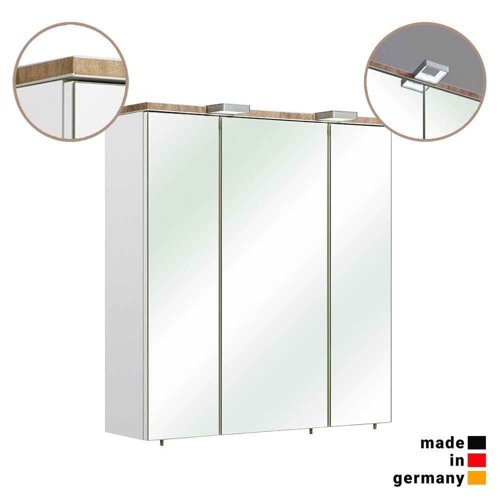 Kante Spiegelschrank mit in Nb. Eiche Lomadox DOVER-66 Weiß 65/70/20 3D Glanz Riviera cm