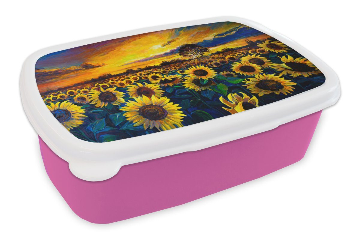 Kunststoff, MuchoWow Lunchbox für - rosa Malerei Kunststoff Mädchen, (2-tlg), Sonnenblume, Blumen Kinder, Brotbox Ölfarbe - Snackbox, Brotdose Erwachsene, -