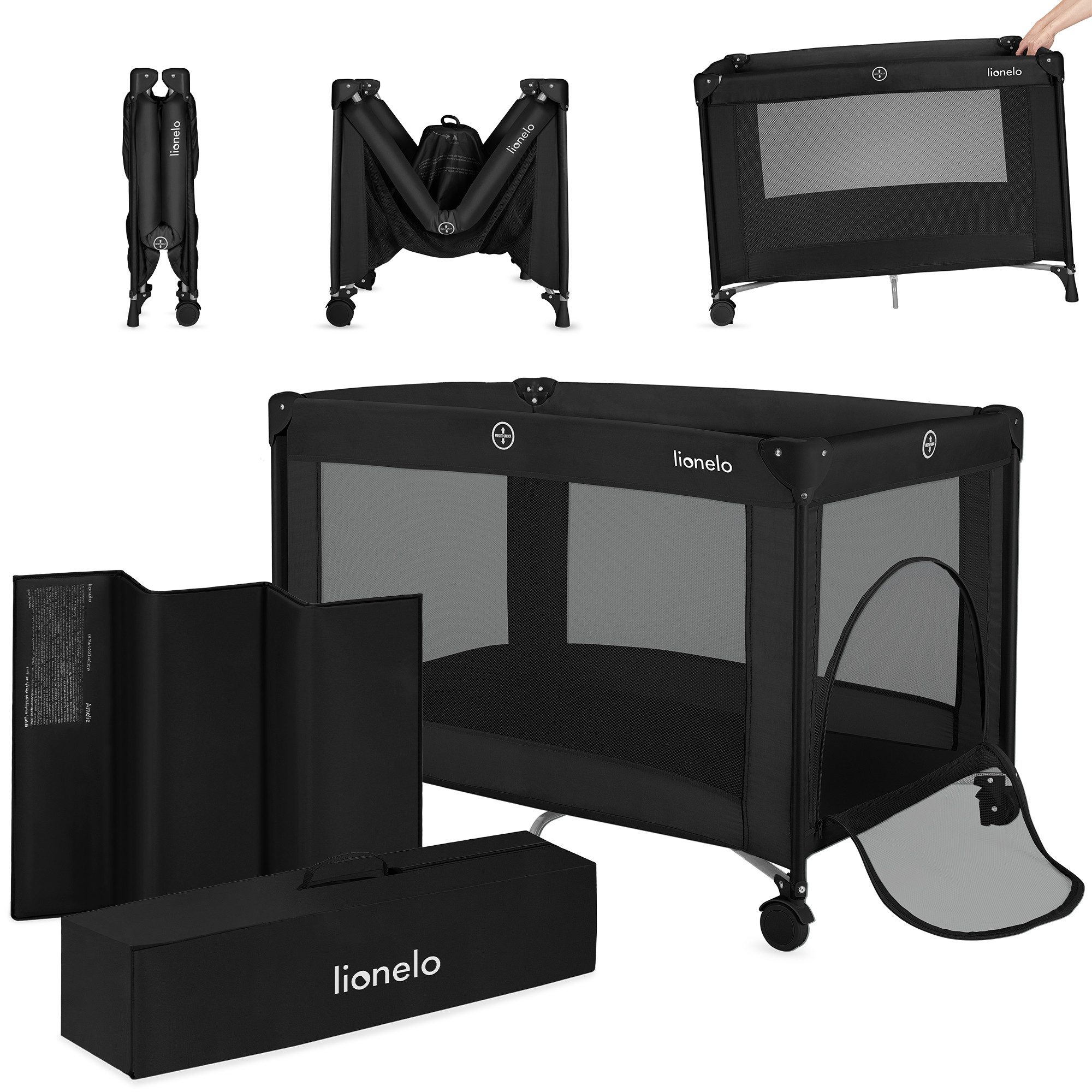 lionelo Reisebett AMELIE (Set, Reisebett / 2-cm-Matratze / Tragetasche) Kompakt/leicht/2cmMatratze/Seiteneingang/Netzseiten