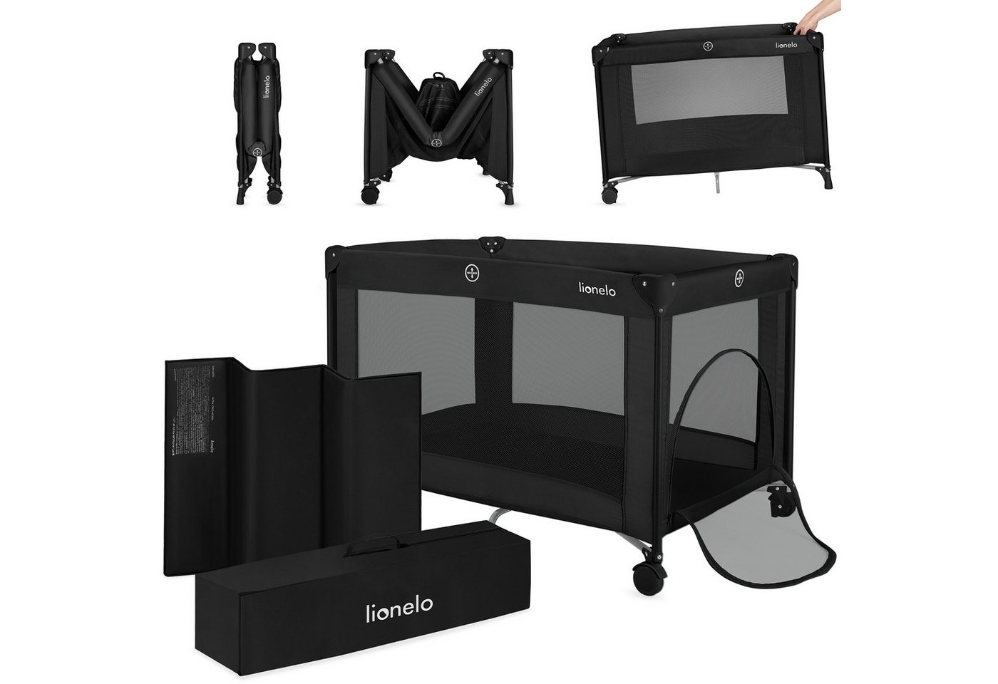 lionelo Reisebett AMELIE (Set, Reisebett / 2-cm-Matratze / Tragetasche) Kompakt/leicht/2cmMatratze/Seiteneingang/Netzseiten