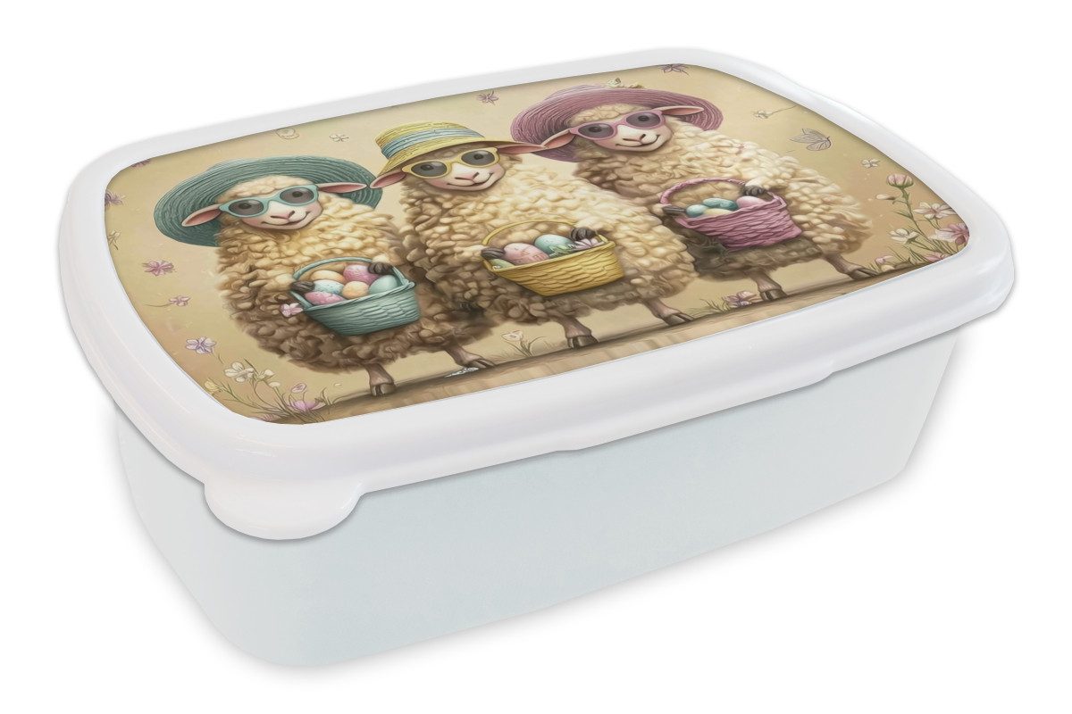 MuchoWow Lunchbox Schafe - Eier - Blumen - Ostern, Kunststoff, (2-tlg), Brotdose Schule oder Arbeit, Brotbox für Kinder und Erwachsene