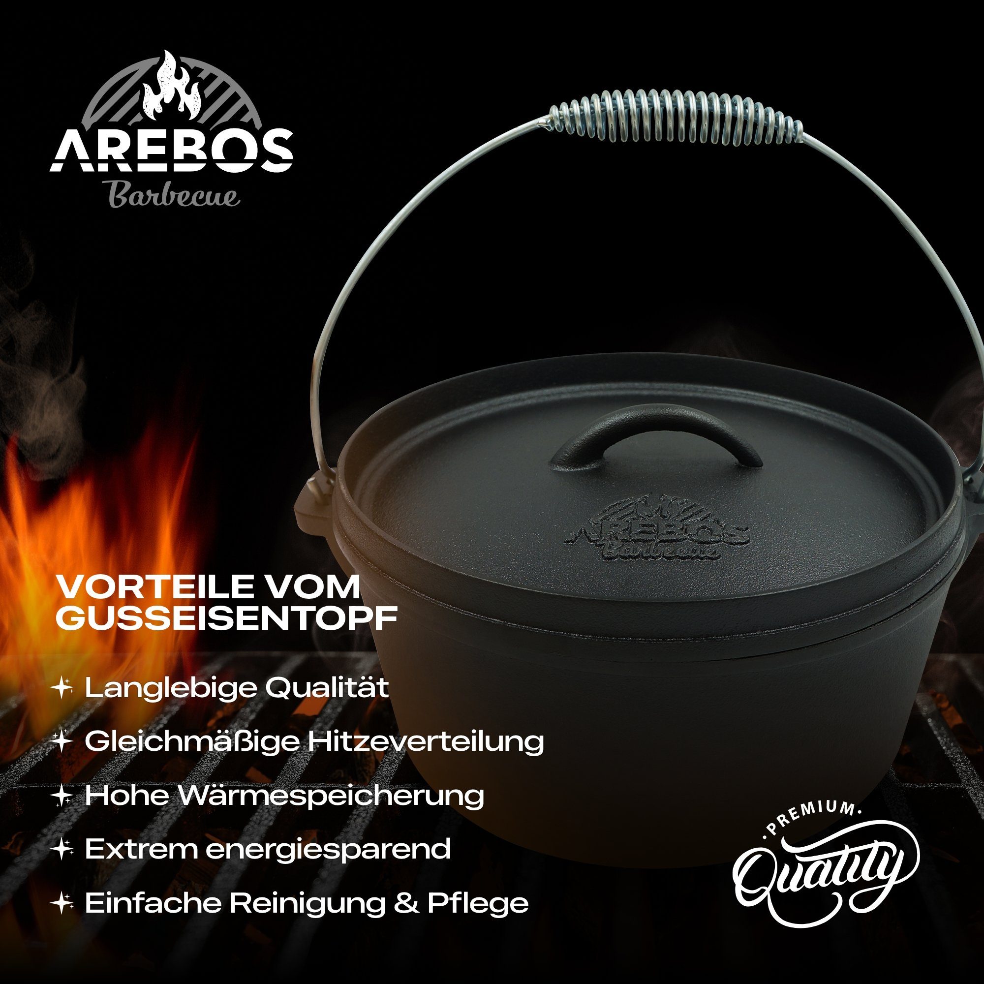 Arebos Topf-Set Dutch Over BBQ Set aus Gusseisen Feuertopf Schmortopf, Gusseisen (Set) – Bild 3 von 5