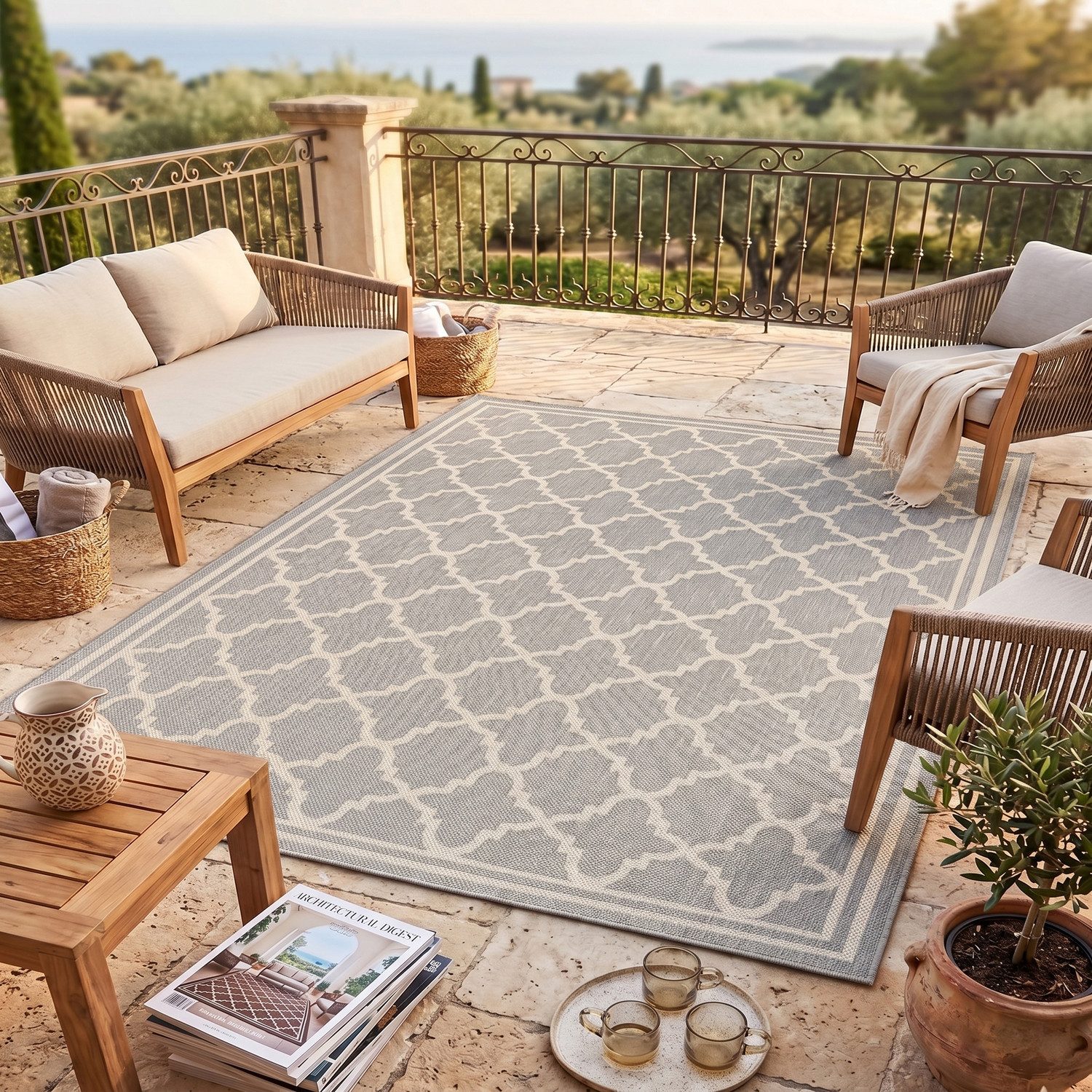 Vimoda Outdoorteppich Teppich Balkon Läufer Terrase, Rund, Höhe: 5 mm, In & Outdoor Teppichfür Küche, Balkon, Flur, Terrasse, Raute Muster
