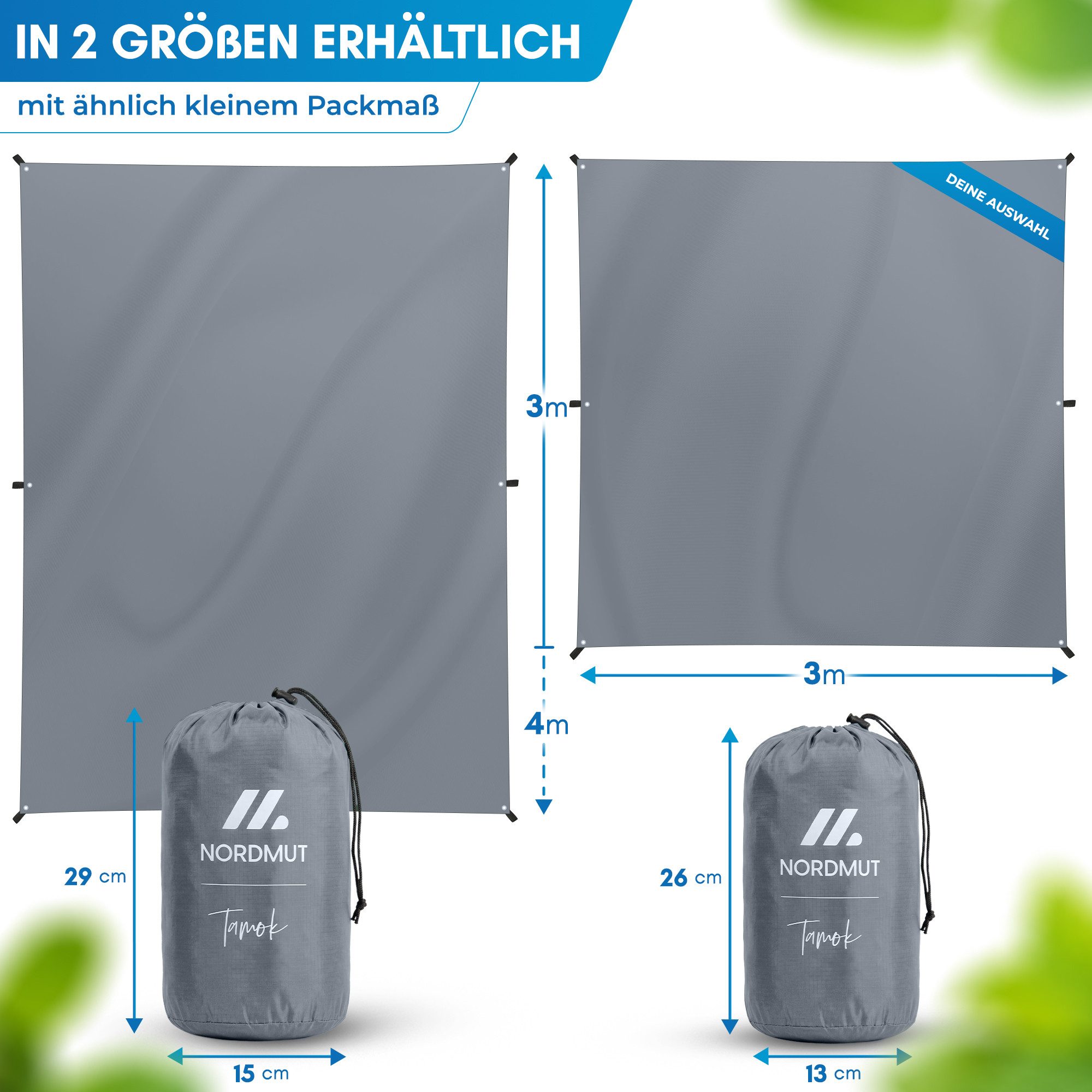 Nordmut Tarp-Zelt Zeltplane wasserdicht ultraleicht, Regendach Sonnensegel Camping, Personen: 2 (Set, 1 tlg., Tarp, 6 Alu-Heringe, 6 Abspannseile, Transporttasche), 210D Ripstop-Polyester, PU 3000, reißfest, Trekking, Bikepacking