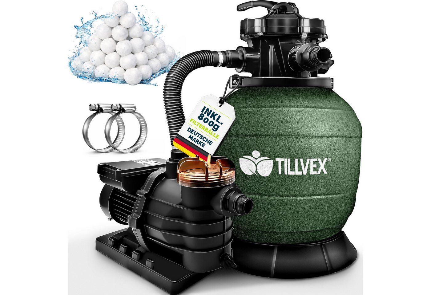 tillvex Sandfilteranlage 10 m³/h Filteranlage + 800g Filterbälle 7-Wege Ventil Poolfilter, Filterkessel mit Druckanzeige Sandfilter für Pool und Schwimmbecken