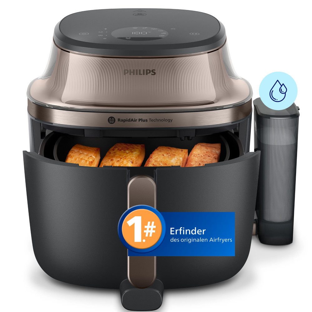Philips Heißluftfritteuse NA547/07 Steam Airfryer 5000 Series mit EasySlide, 7,2L Kapazität, 2000 W, mit Dampfgarfunktion u. RapidAir Plus Technologie, Schwarz/Gold