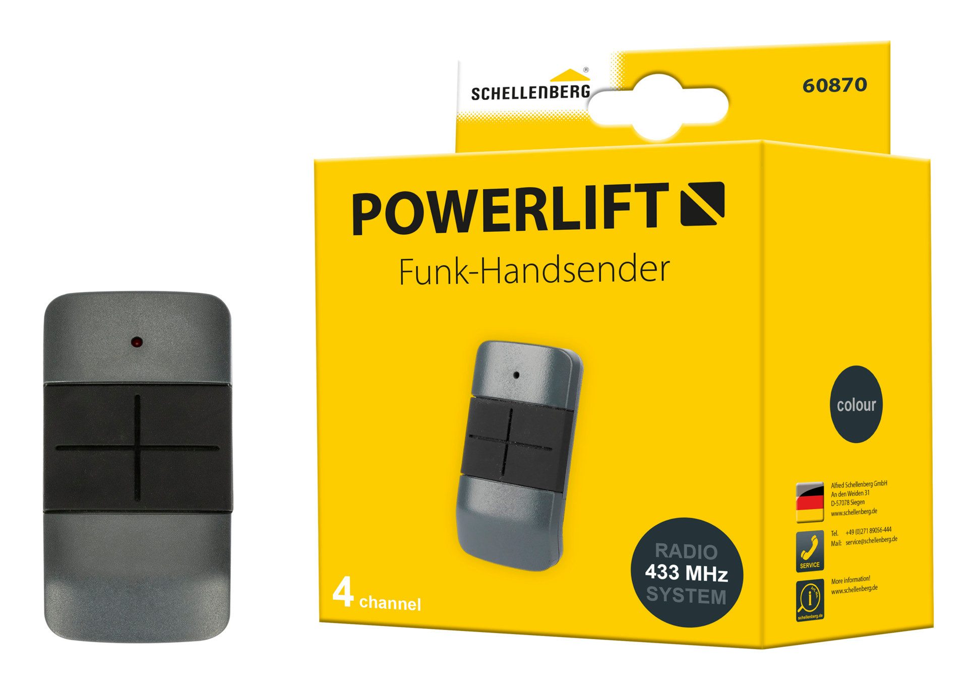 SCHELLENBERG Tor-Funksteuerung Powerlift Funk-Handsender, 4-Kanal für Garagen- und Außentorantriebe, für Garagentorantrieb, Funkfrequenz 433,92 MHz, Reichweite 40 m, inkl. Batterie