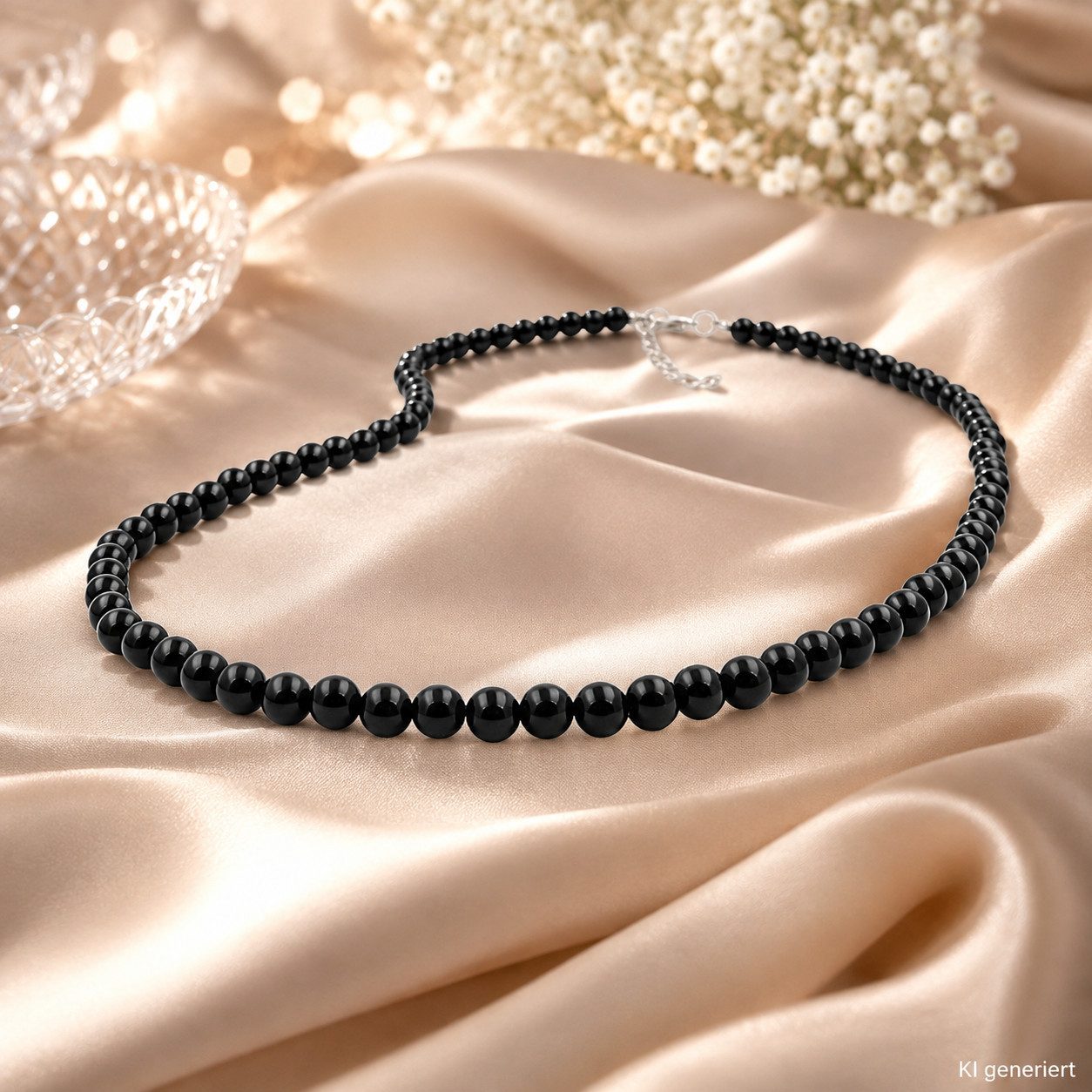 unbespielt Collier Perlenkette schwarz 50 cm Kunststoffperlen 6 mm glänzend mit Karabiner, Modeschmuck für Damen