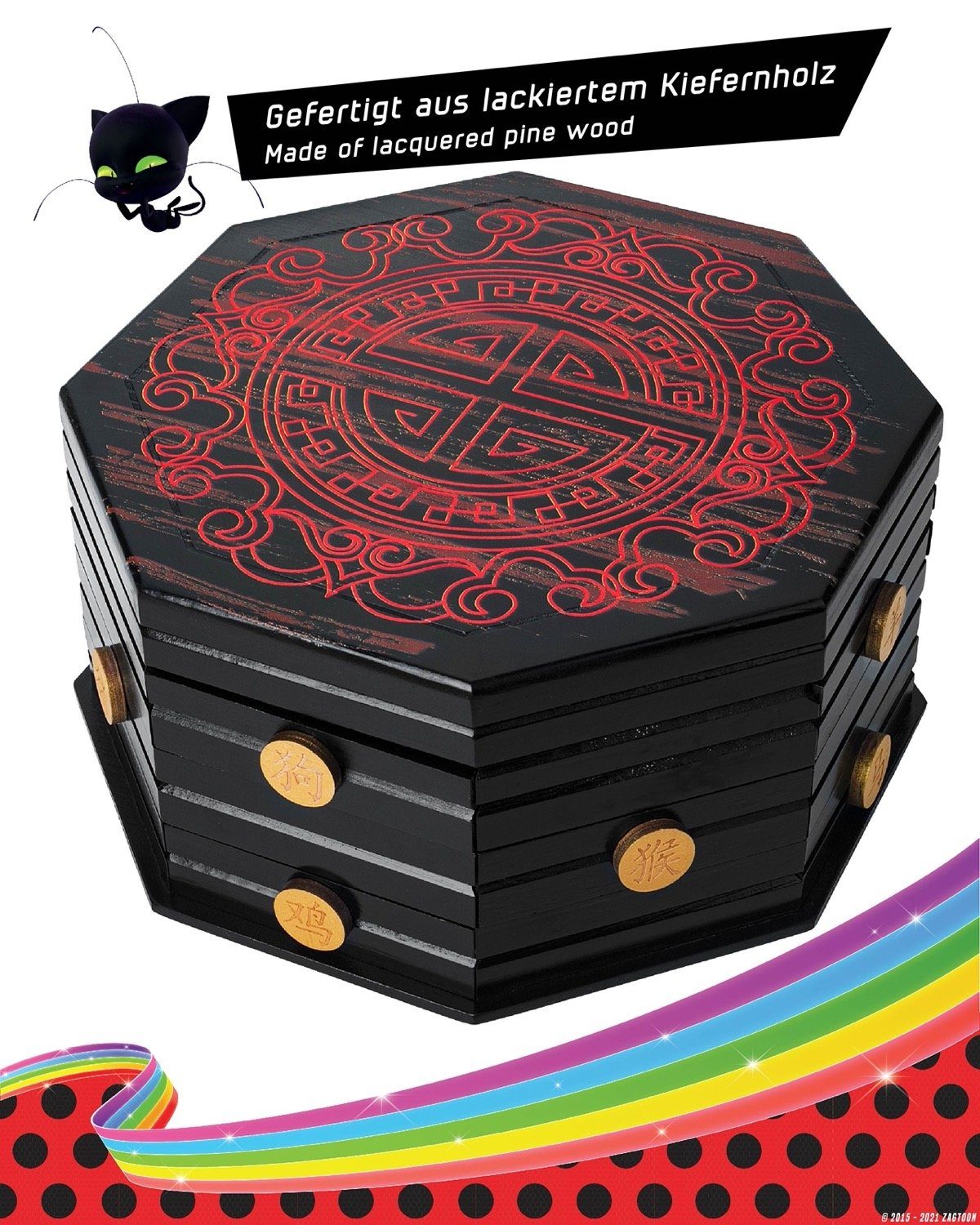 Corimori Spielzeugtruhe Miraculous Ladybug Schatulle aus Holz original, offiziell lizensiert, 2er Set aus Master Fu Miracle Box und 6 Pins