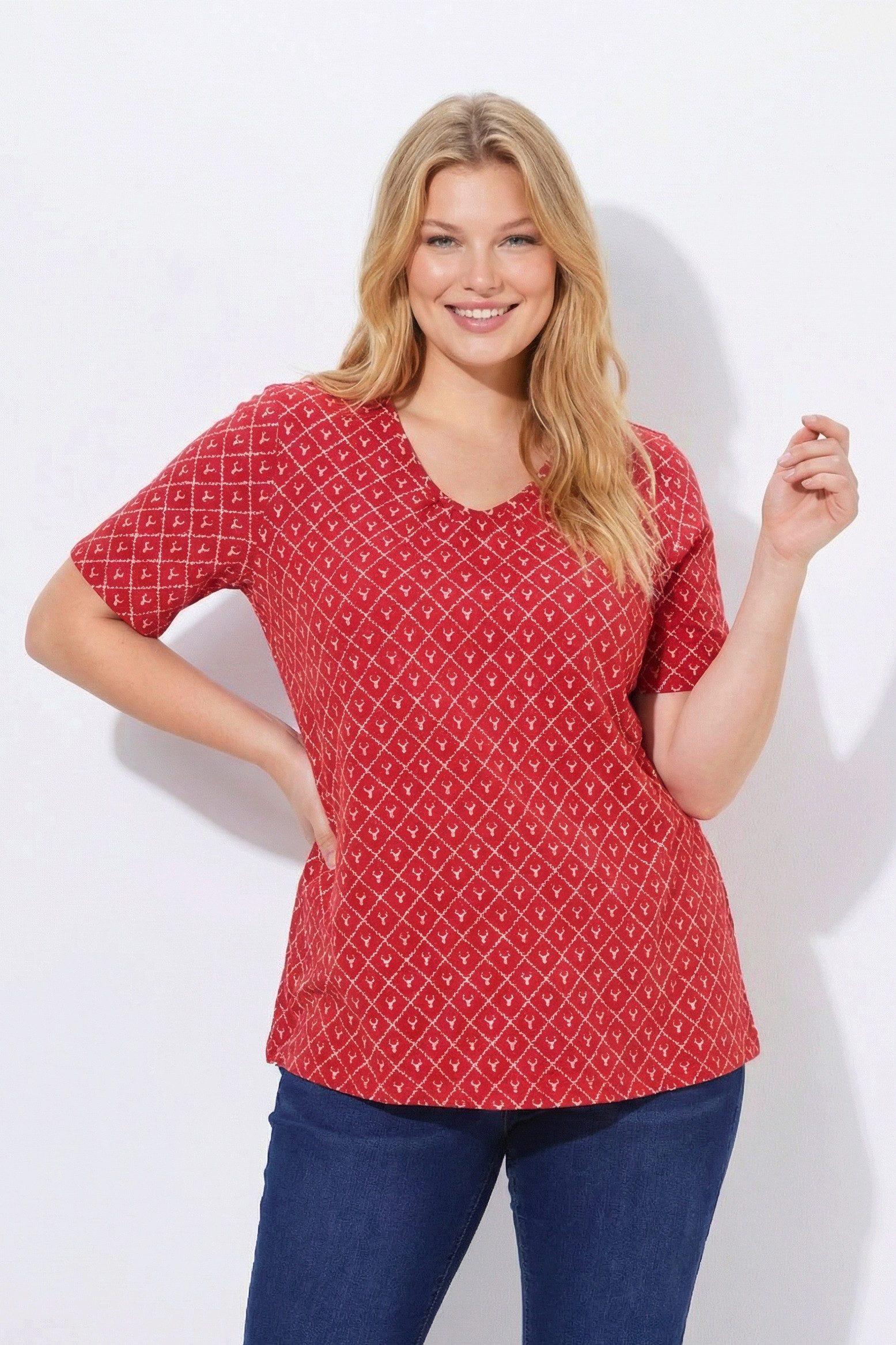Ulla Popken T-Shirt T-Shirt Hirschgeweih A-Linie V-Ausschnitt Halbarm