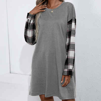 AFAZ New Trading UG Sommerkleid Damen-Patchwork-T-Shirt mit Rundhalsausschnitt und langen Ärmeln