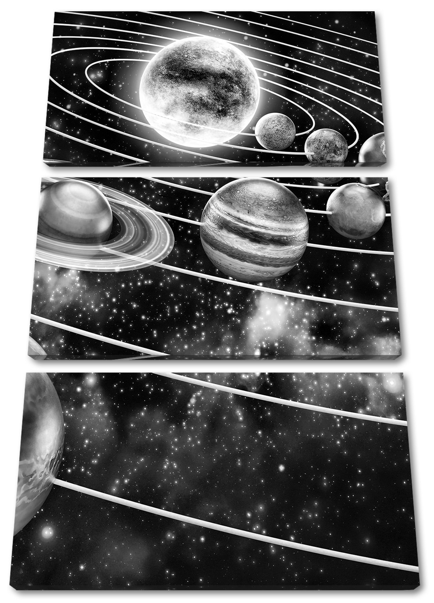 Sonnensystem Sonnensystem (1 St), (120x80cm) mit mit unseren Pixxprint fertig Leinwandbild Zackenaufhänger unseren bespannt, Leinwandbild inkl. 3Teiler Planeten Planeten,