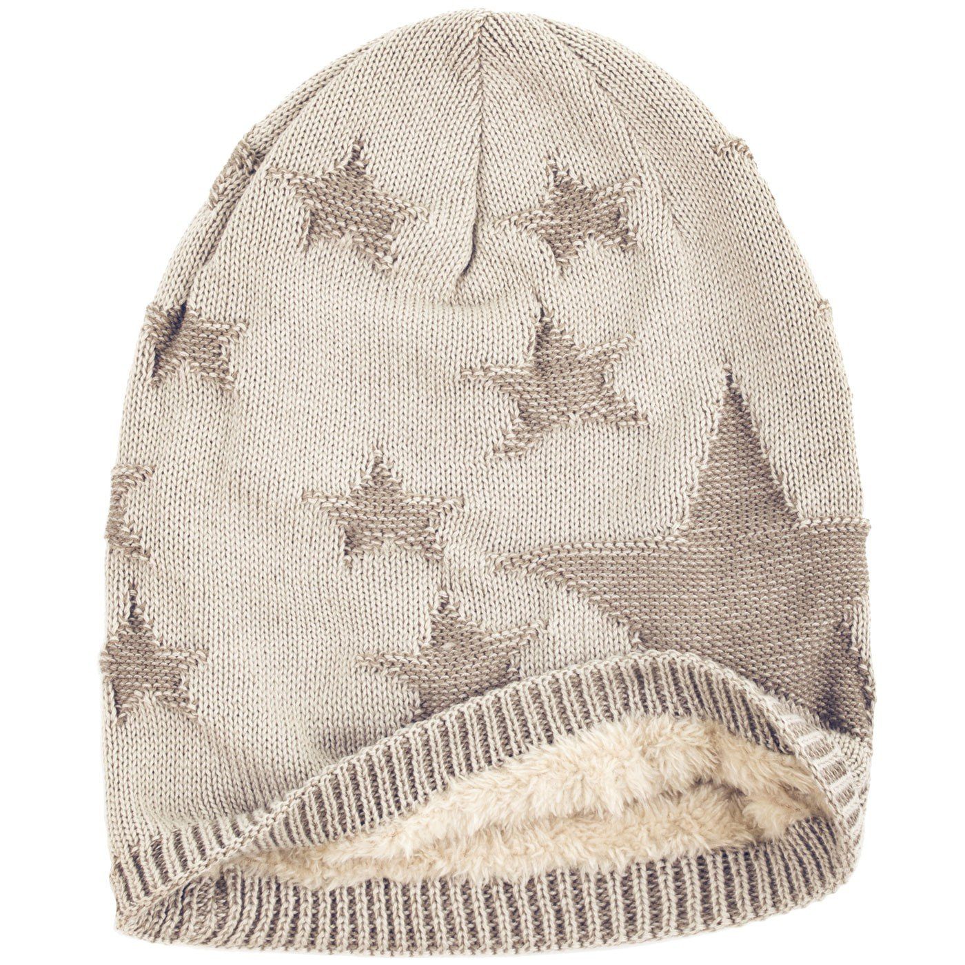 Strickmütze warm compagno gefütterte Sternen beige (1-St) Stern Mütze Wintermütze Beanie