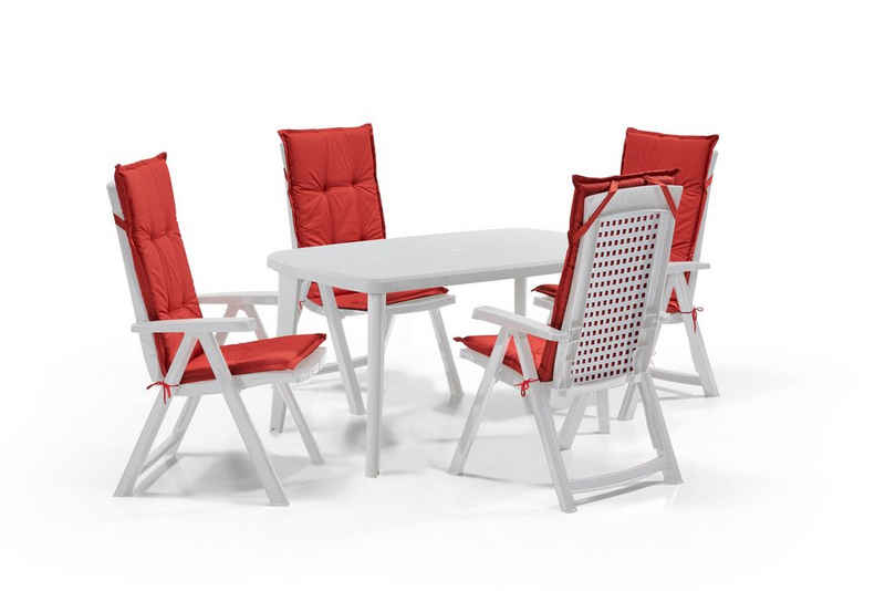 Shaf Gartenlounge-Set Shaf Diningset Milano weiß 5 teilig, mit Stühle, Tisch und Polster, klappbarer Stuhl, verstellbare Rückenlehne