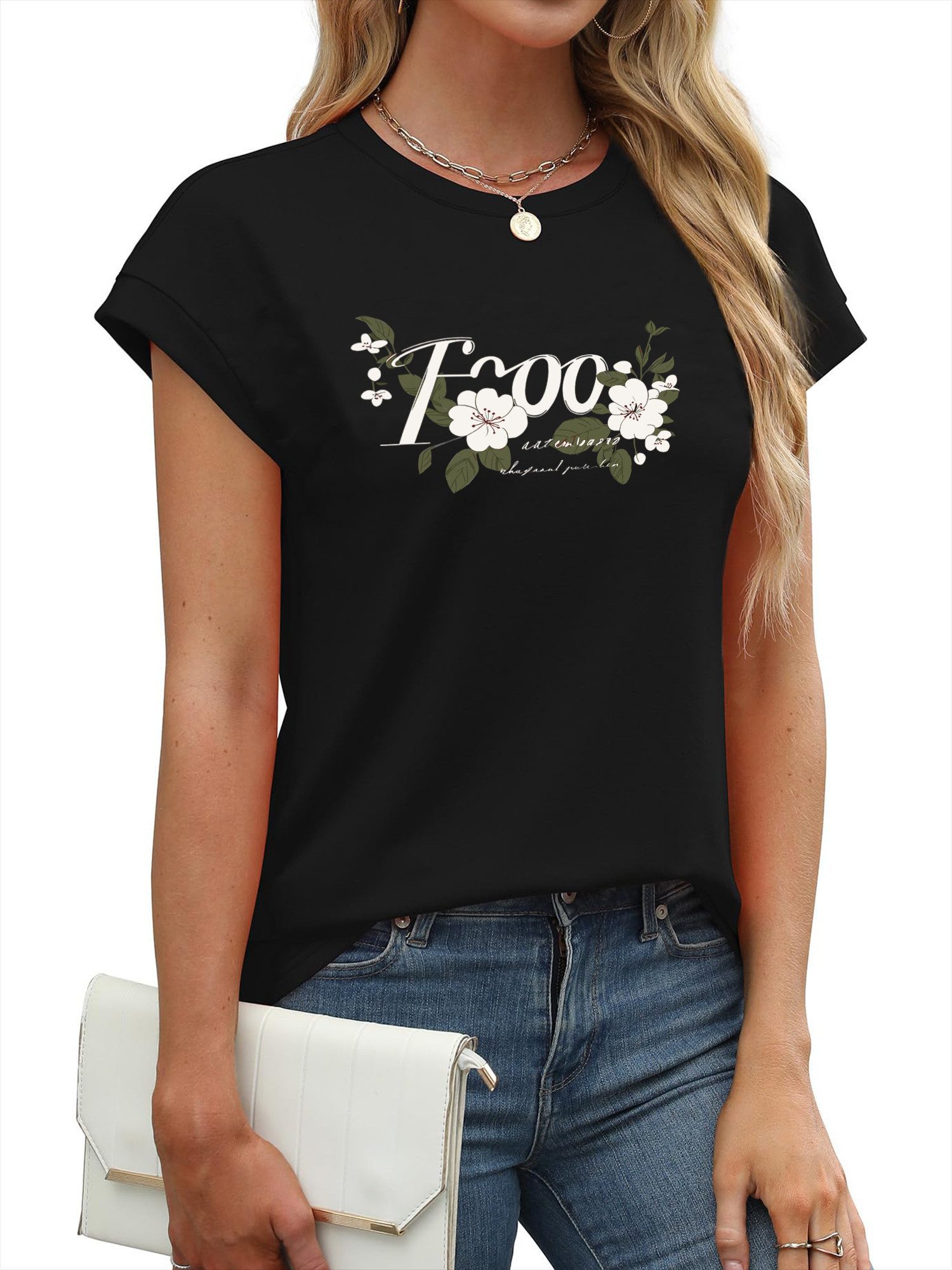 PYLIKE Kurzarmbluse Damen Casual Achselhemd mit Blumen Druck bequemes Rundhalsshirt