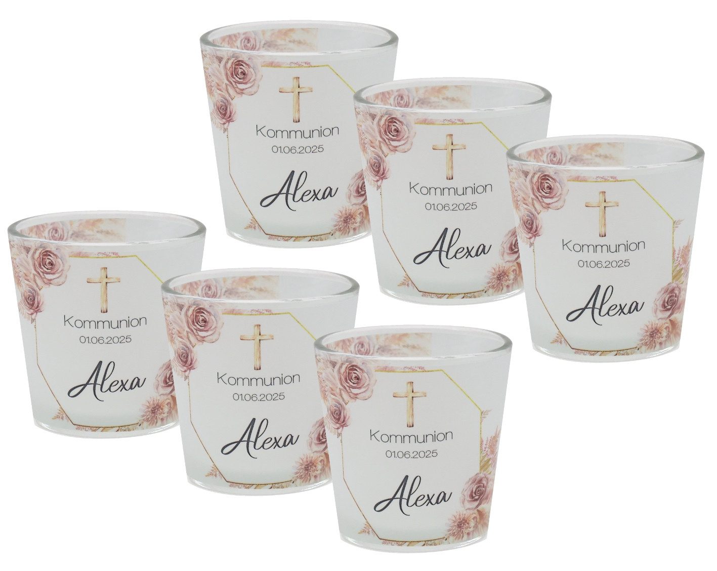 Windlicht Windlicht Votiv Blume Rosa Gold Kreuz Kommunion Konfi MIT NAME 7,5cm H