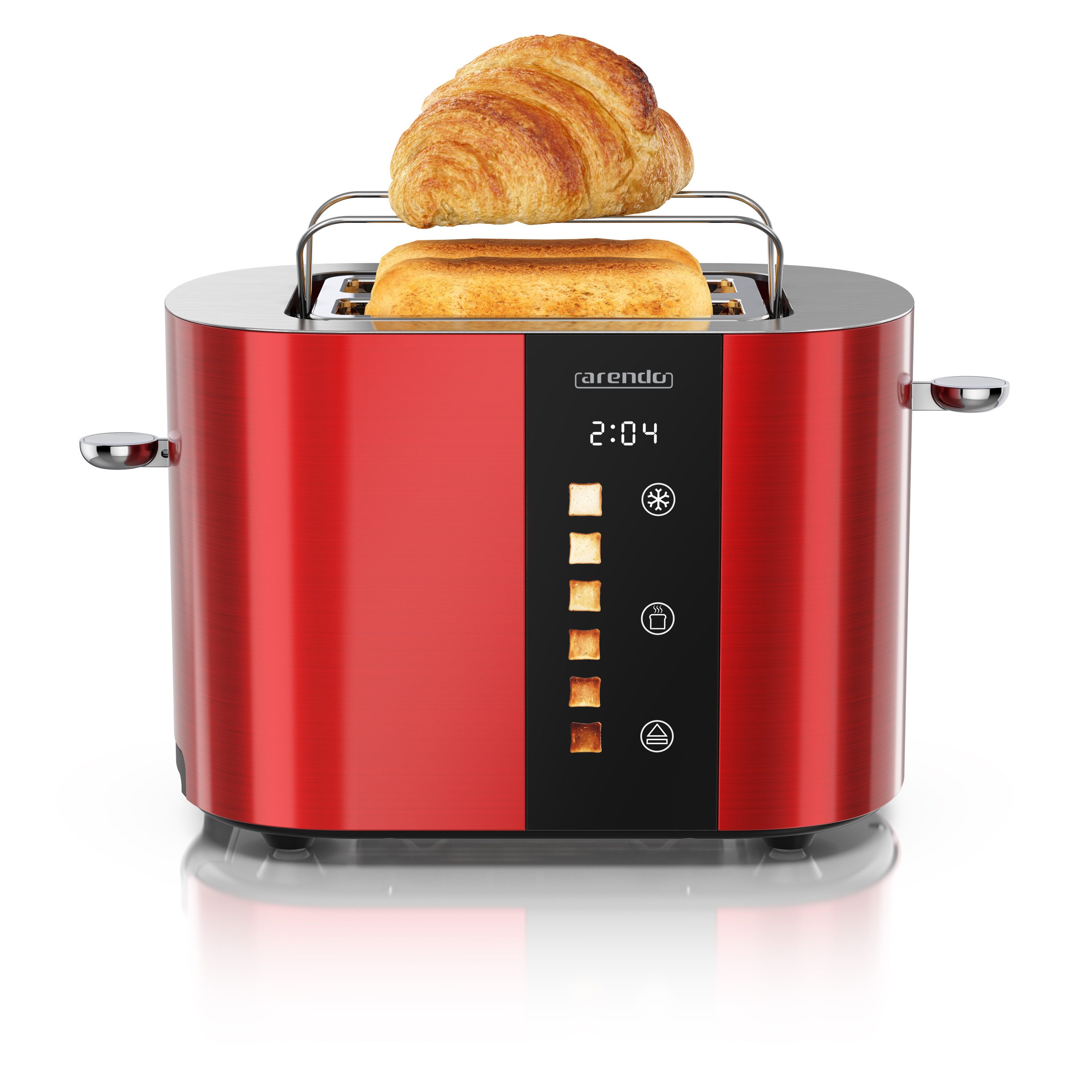 Arendo Toaster Edelstahl, Kurzschlitz, Touch Display, Restzeit & Bräunungsgradanzeige, 2 Schlitze, für 2 Scheiben, 800 W, Brötchenaufsatz, Wärmeisoliert, Toast-Symbole für Bräunungsgradauswahl