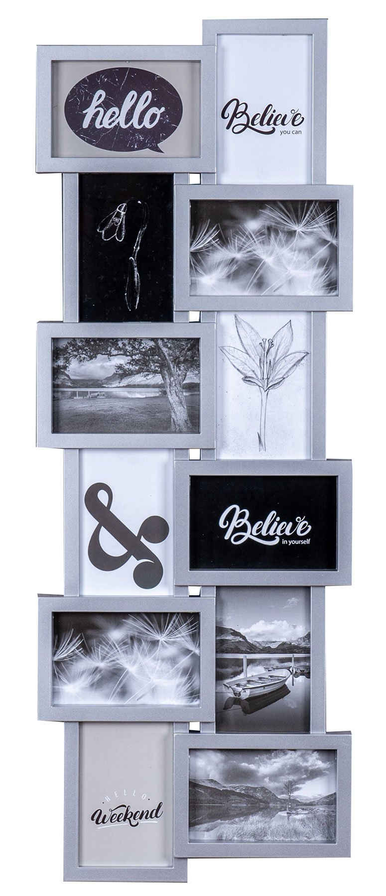 Levandeo® Bilderrahmen Collage, Bilderrahmen silber für 12 Fotos 3D Optik Galerie Fotogalerie