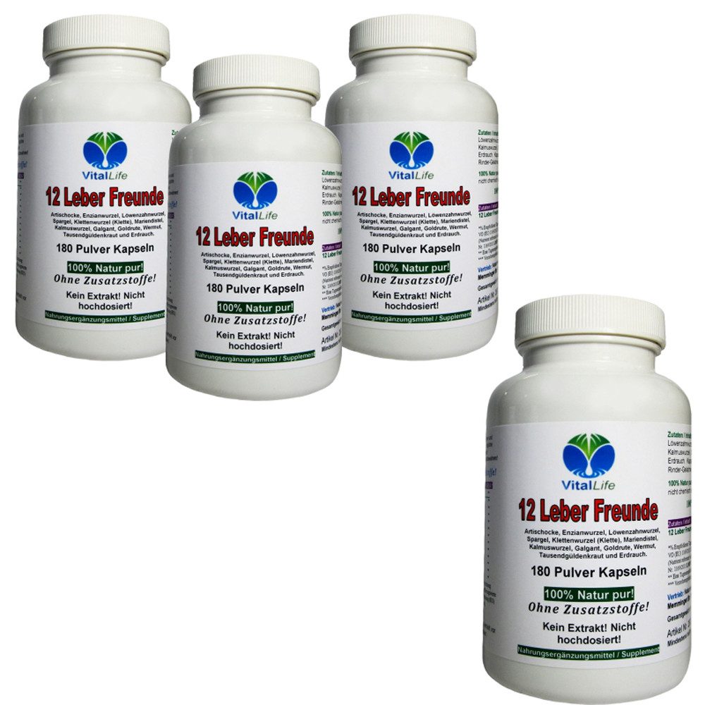 VitalLife 12 Leber Freunde - Leber & Galle Vital Kräuter & Bitterstoffe Kapseln, 4 er Dose à 180 St., 324 g, Art. 26313-720